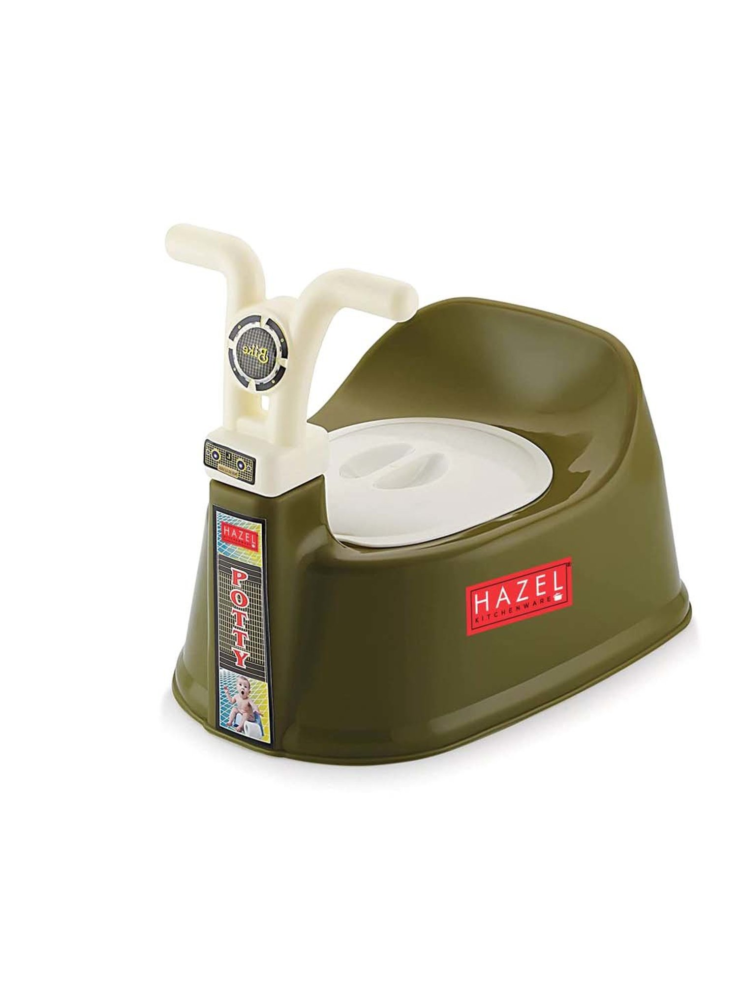 HAZEL Olive Green & White Plastic Bike-Shaped Baby Toilet Chair With Closing Lid