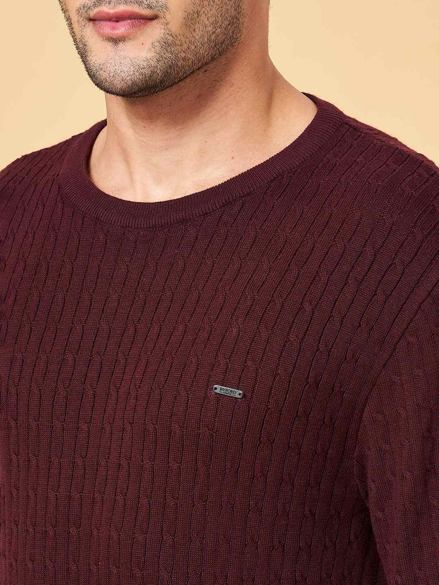 Byford by Pantaloons Maroon Cotton Slim Fit Self Pattern Sweater
