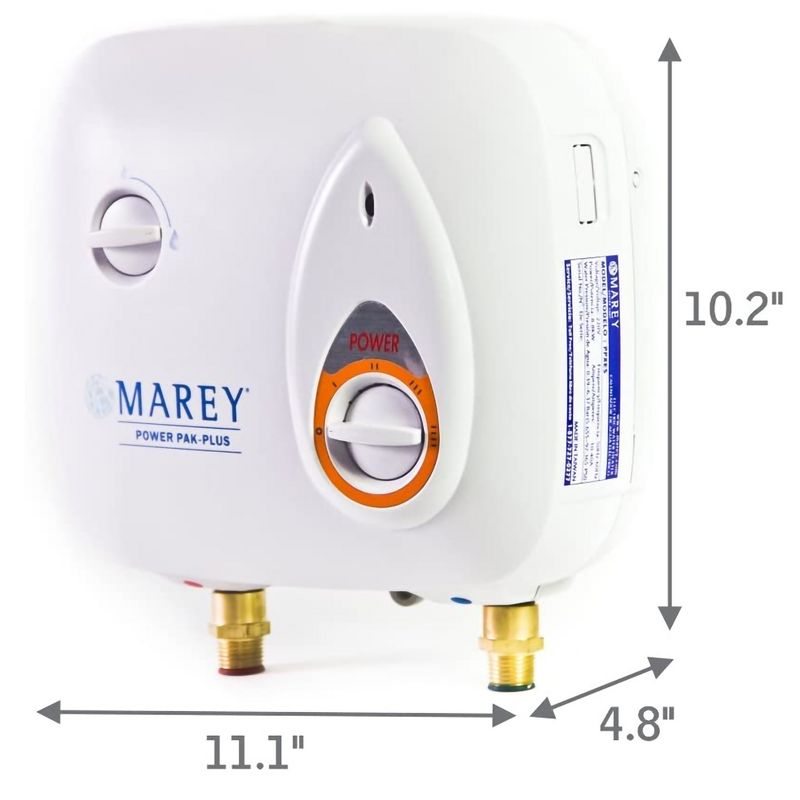 Marey Power 2.0 GPM 220 Volt Electric Tankless Hot Water Heater Power Pak for Apartments, House, or Single Point of Use, White