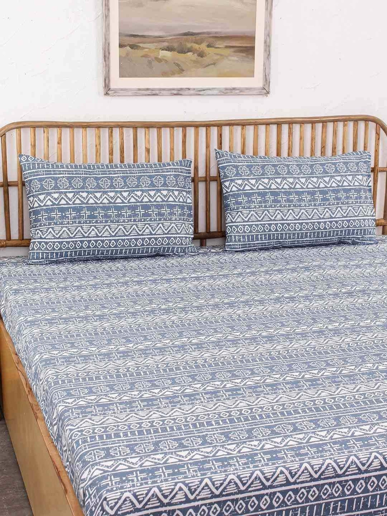 House This Kullu Patti Blue 150 TC Cotton Double Bedsheet Set