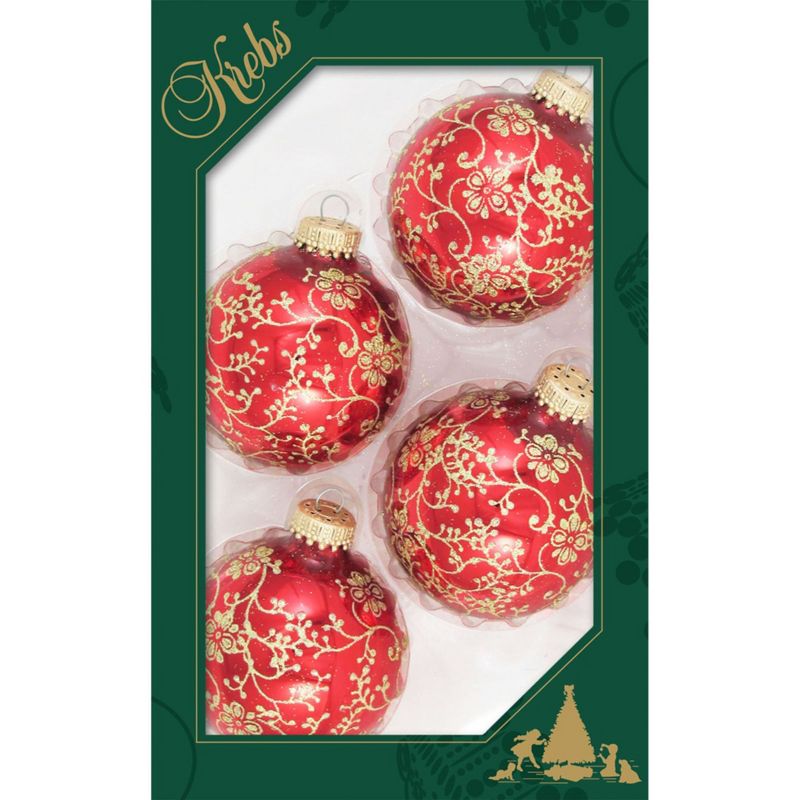 Christmas by Krebs 4ct Red and Gold Floral Glitter Lace Shiny Christmas Ball Ornaments 2.5" (67mm)