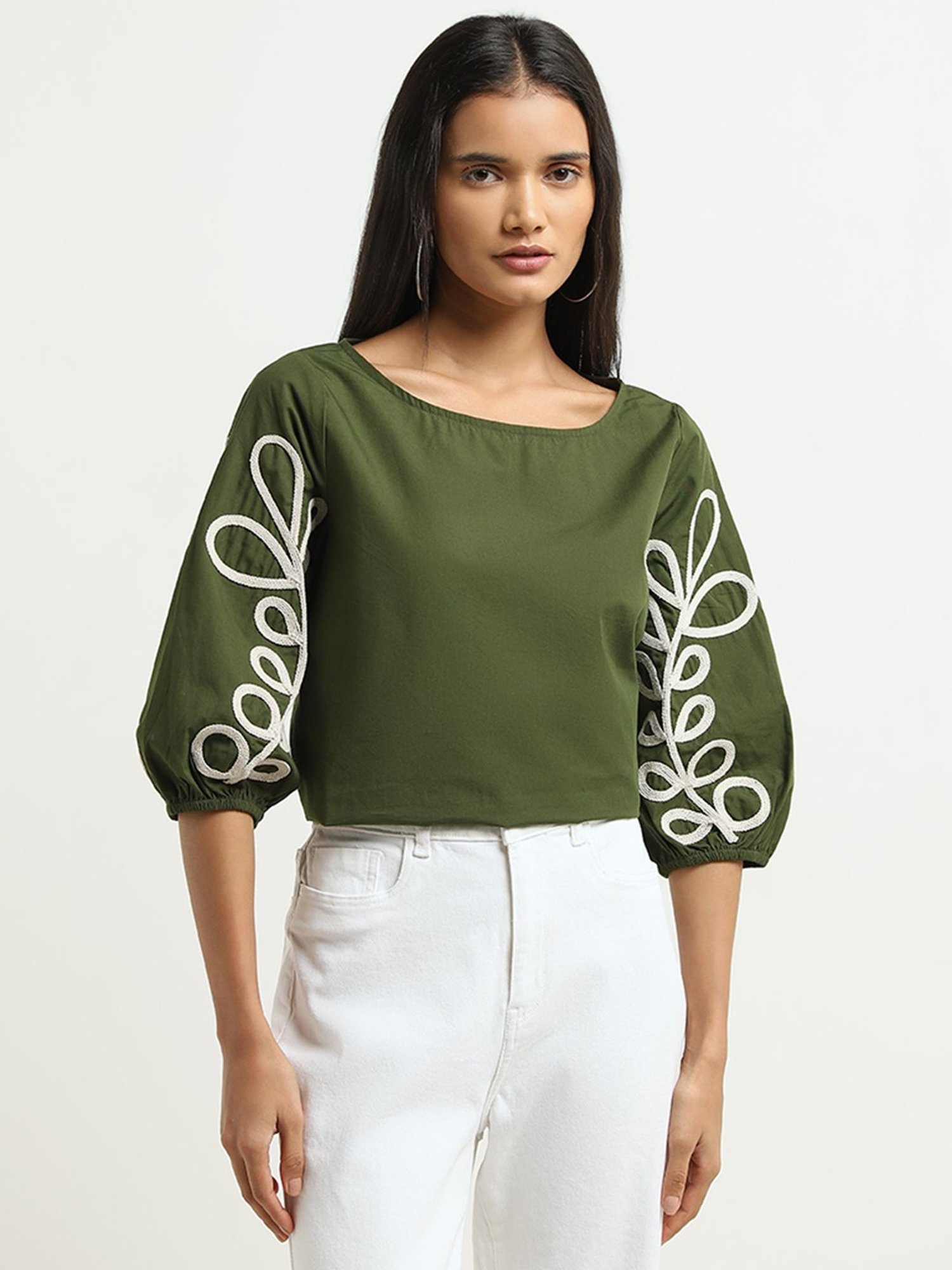 LOV by Westside Olive Leaf Embroidered Cotton Top