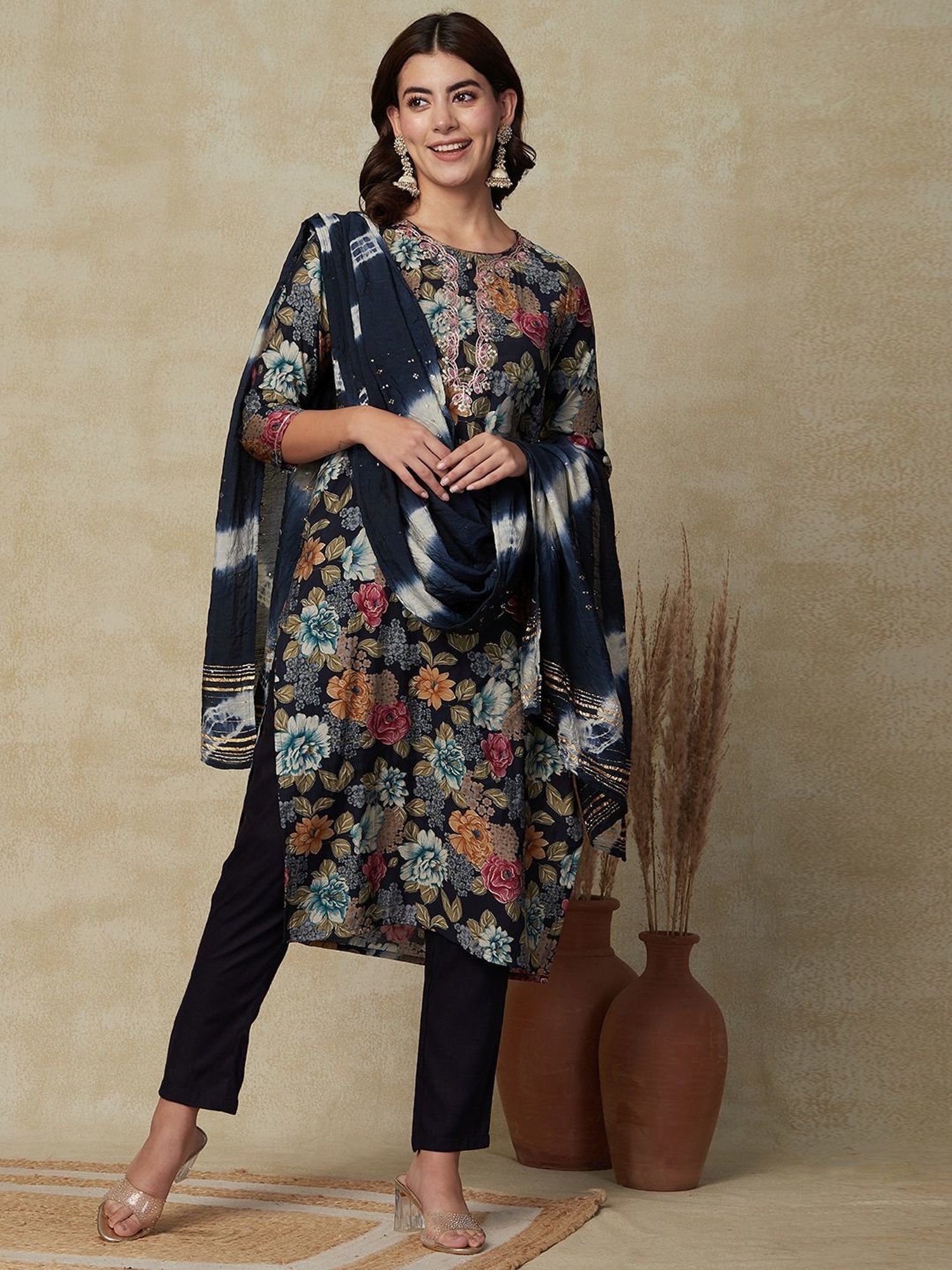 Fashor Blue Floral Print Kurta Pant Set With Dupatta