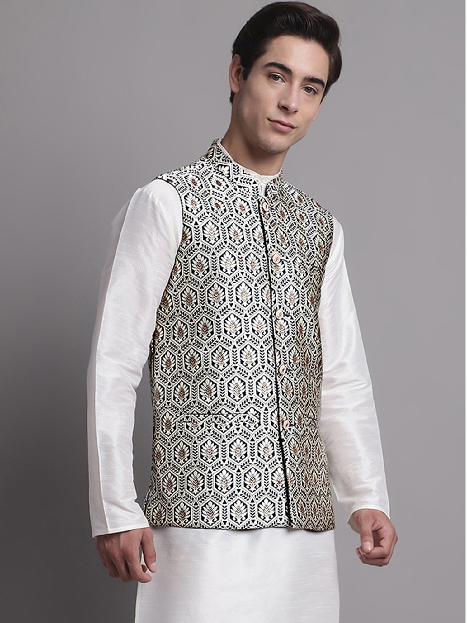 Jompers Blue & Silver Regular Fit Self Design Nehru Jacket