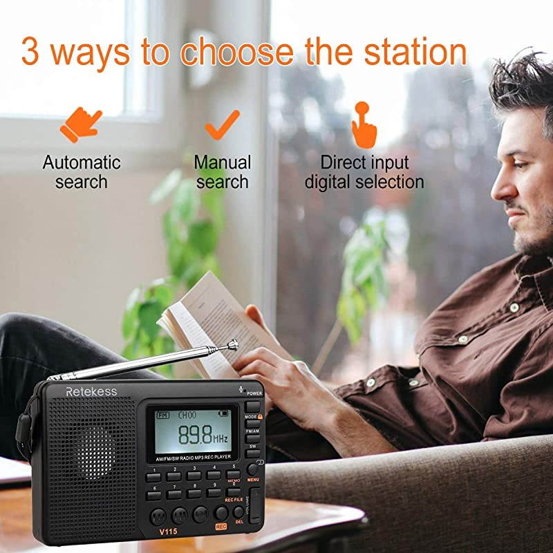 V115 Shortwave Radio AM FM Radio Digital Tuner Rechargeable Radio Support Recording Portable MP3 Radio with Bass and TF Socket Black