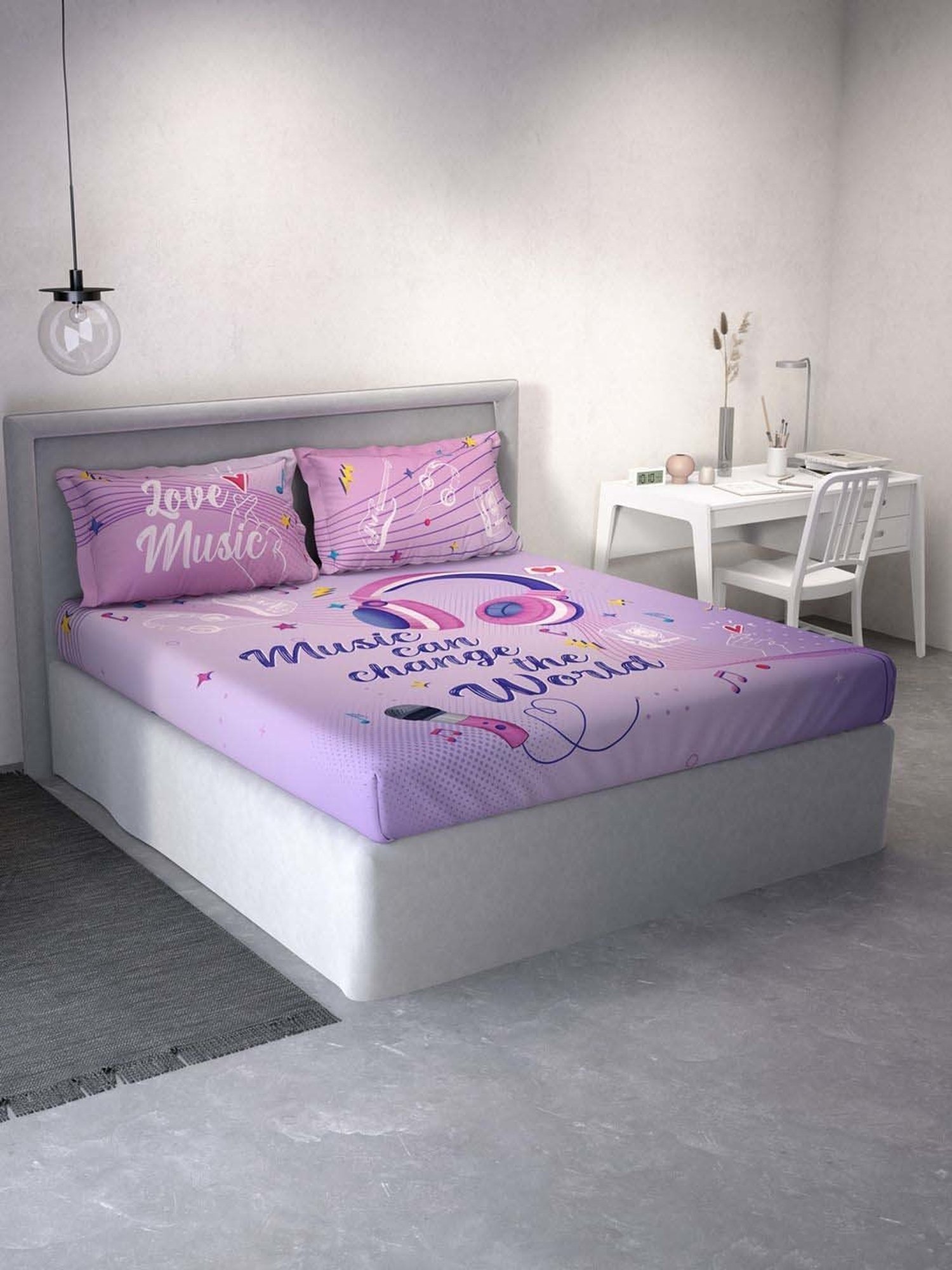 DDecor Music Conversational Purple Cotton 136 TC Double Bedsheet With 2 Pillow Covers
