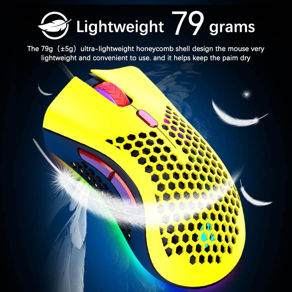 Wired Lightweight Gaming Mouse,Ultralight Honeycomb Shell Ultraweave Cable,7 Buttons Programmable Driver,Pixart 3325 12000 DPI,10 RGB Backlit Computer Mouse for PC Gamers,Xbox,PS4 Users