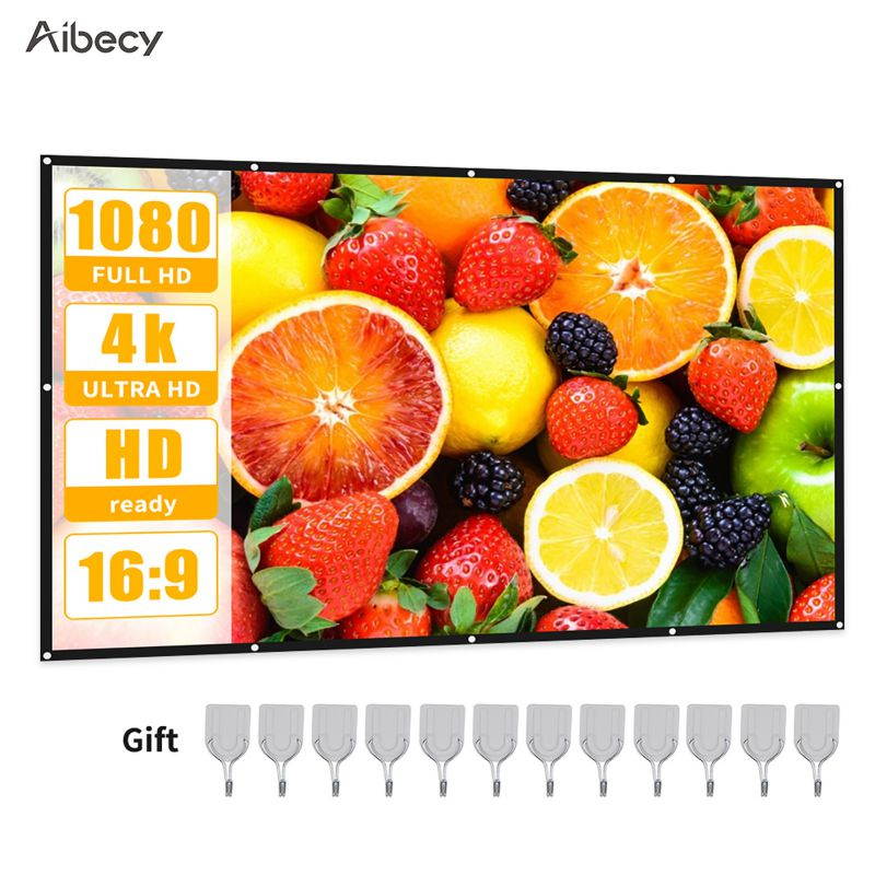 Aibecy Projection Screen 16:9 HD 4K Movie Screen Curtain Foldable Portable Anti-Crease Projector Screen with Stick Hooks for Indoor Outdoor Home Theater Office Presentation Support Front & Rear