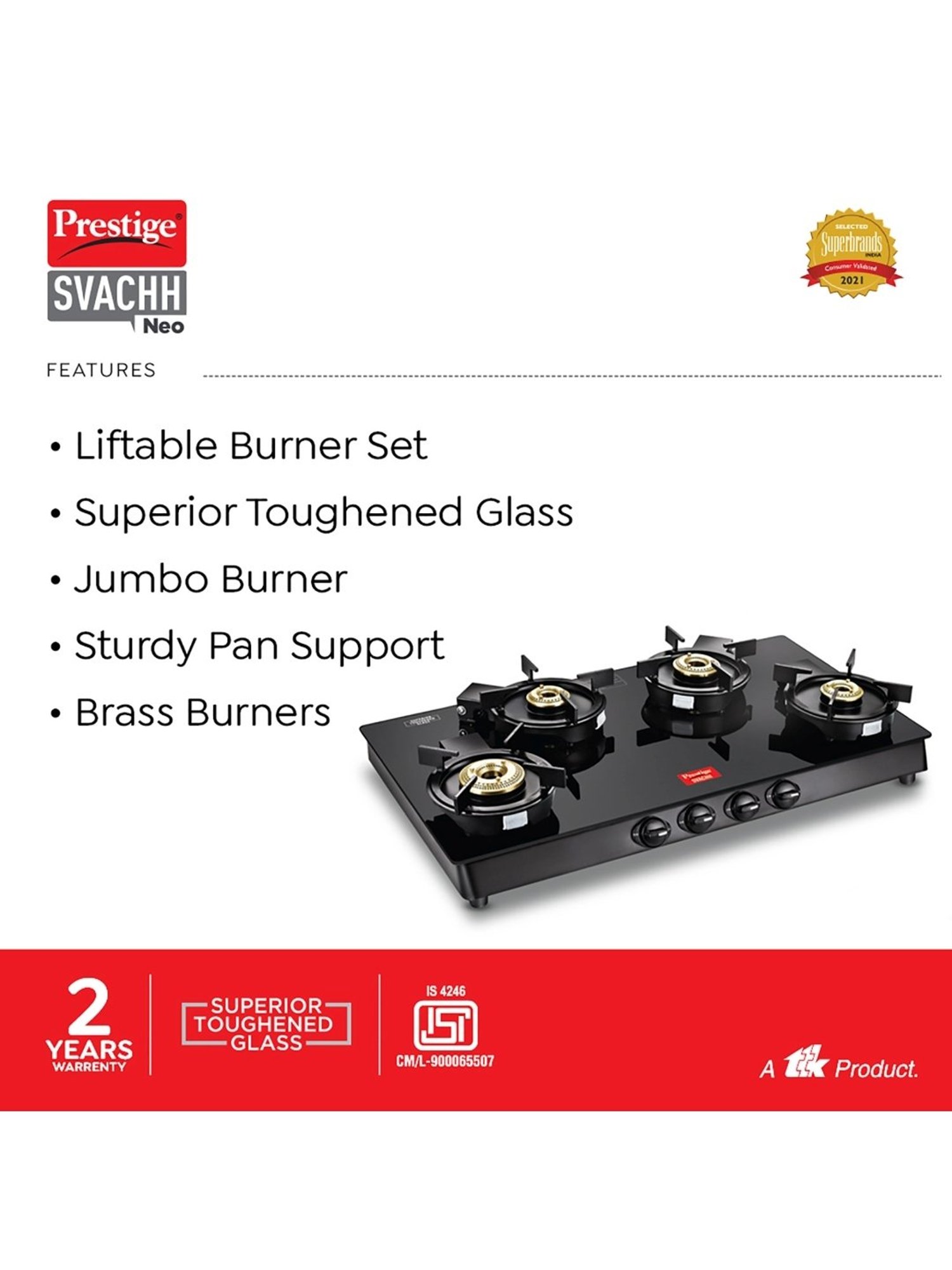 Prestige Svachh Neo GTSN 04 L Black Glass Gas Stove With Liftable 4 Burners