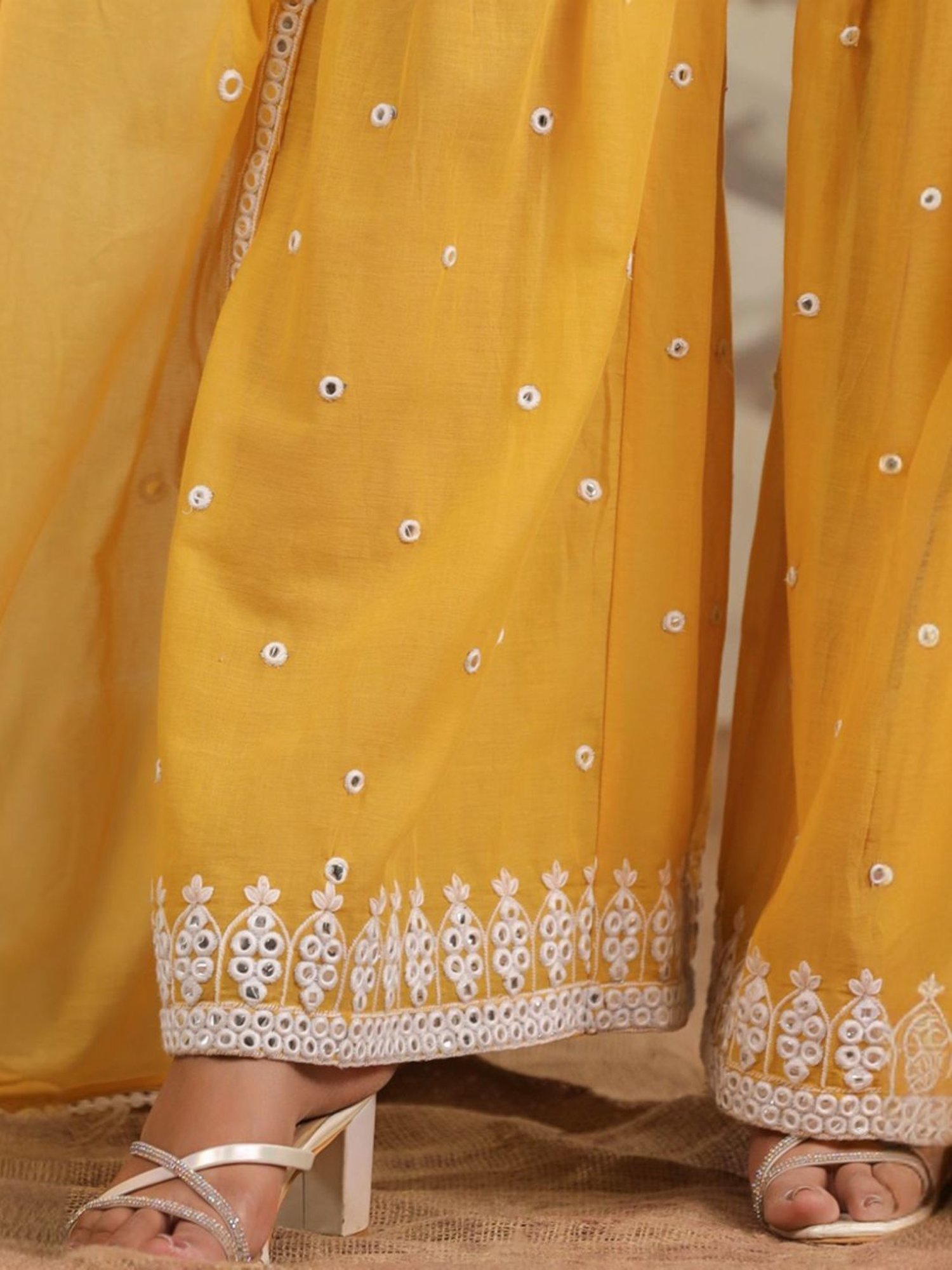 SCAKHI Mustard Mulmul Mirror Embroidered Peplum Kurta With Sharara And Dupatta