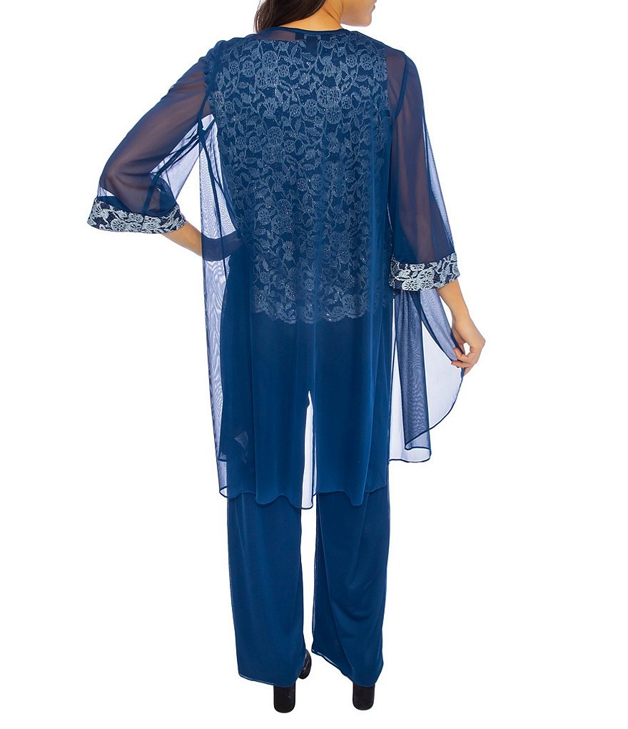 R & M Richards Petite Size Scoop Neck 3/4 Sleeve Scalloped Lace 3-Piece Pantsuit