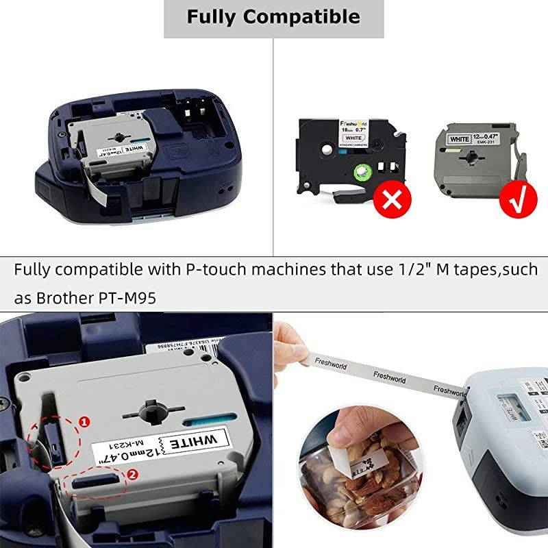 Compatible Label Tape Replacement for P Touch M Tape M231 MK231 M-K231 0.47 Inch(12mm) x 26.2 Feet (8m),Work with Brother Ptouch PT-M95 PT-90 PT70 PT-65 PT85,Black on White,4-Pack