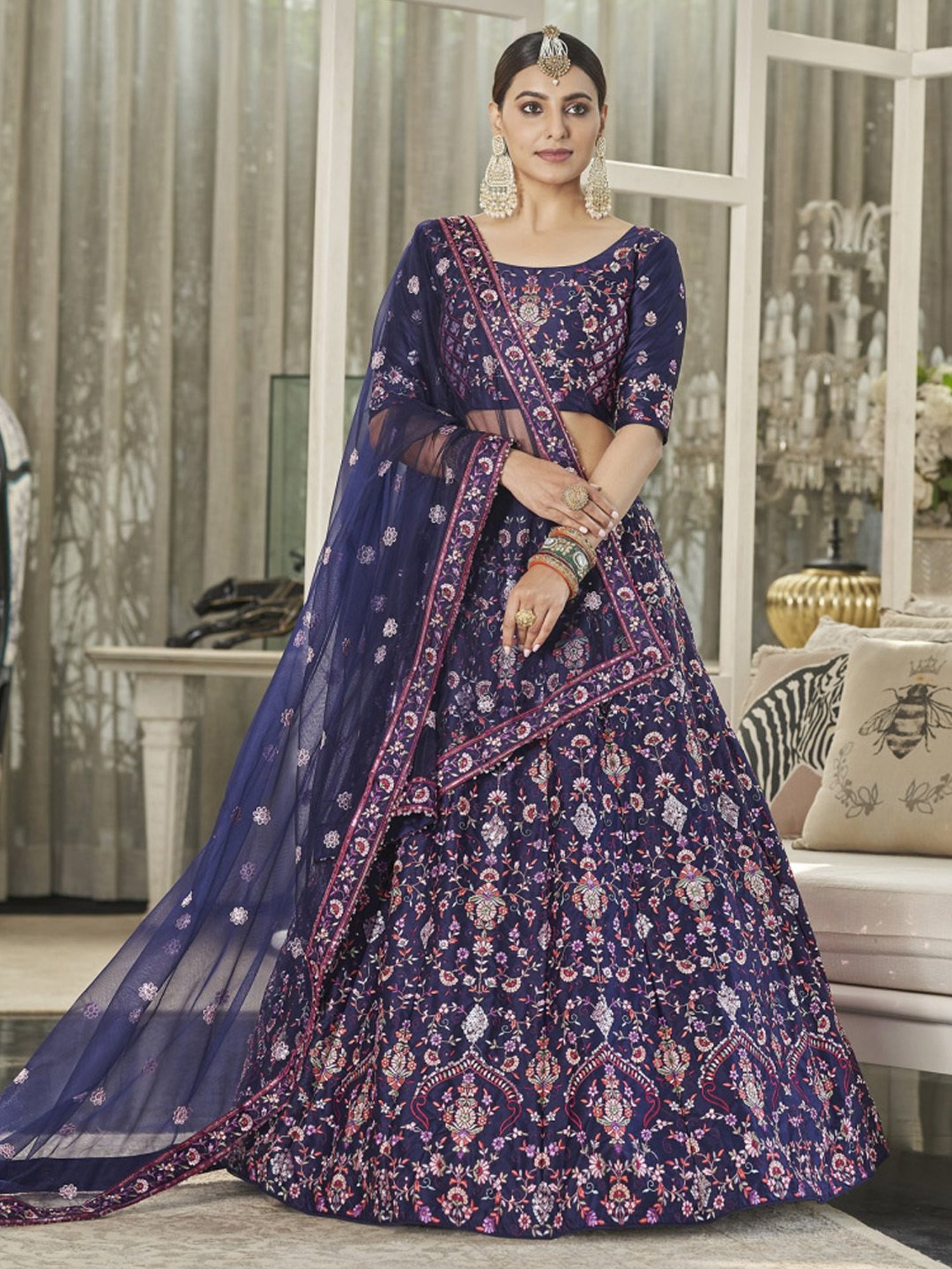 SHUBHKALA Blue Silk Embroidered Lehenga and Choli Set With Dupatta