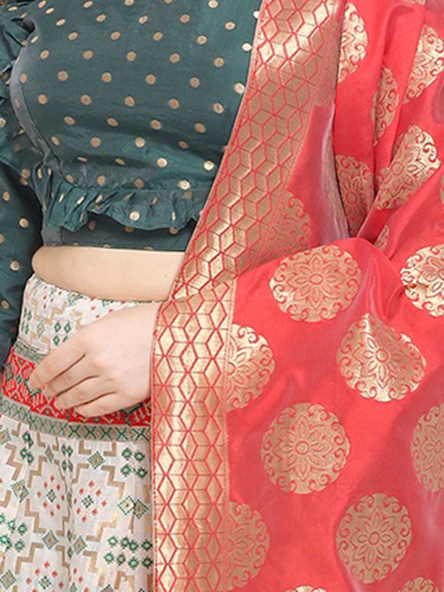 PURVAJA Off White Printed Stitched Lehenga & Unstitched Blouse With Dupatta