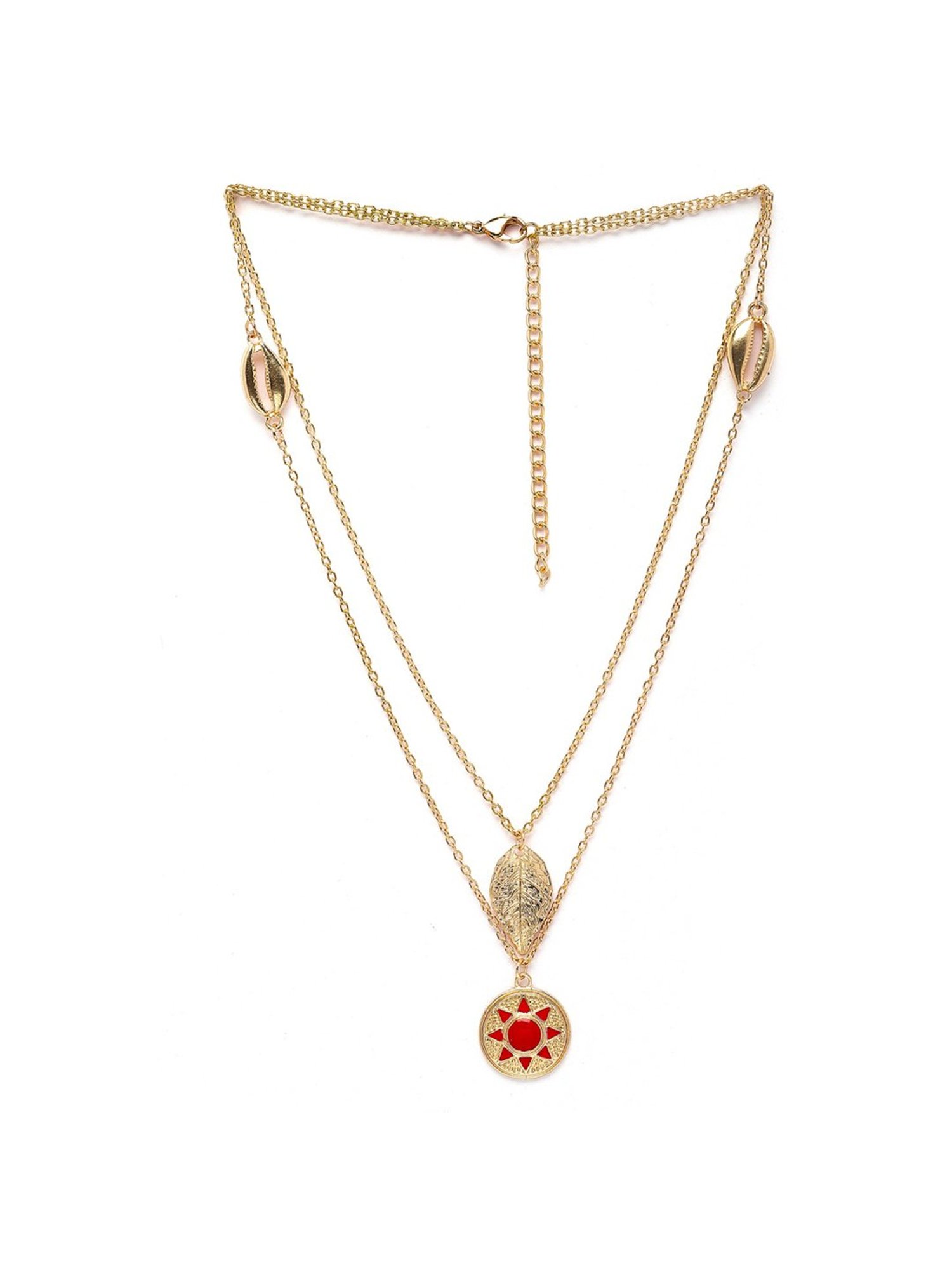 Karatcart Golden Red Meena Sun and Leaf Multicharm Multilayered Chain Women