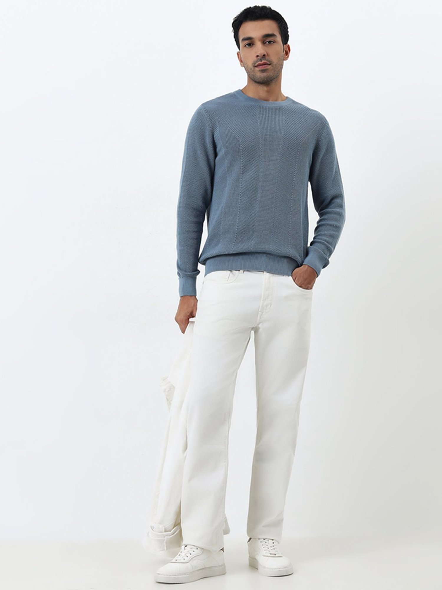 Ascot by Westside Dusty Blue Knitted Relaxed-Fit Cotton Sweater