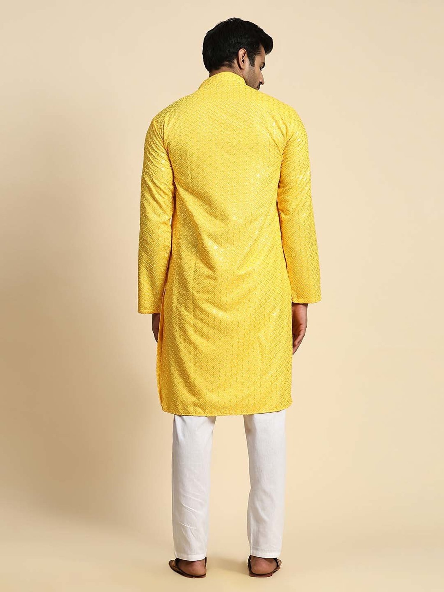 Pro-Ethic Style Developer Yellow & White Regular Fit Embroidered Kurta & Pyjamas Set
