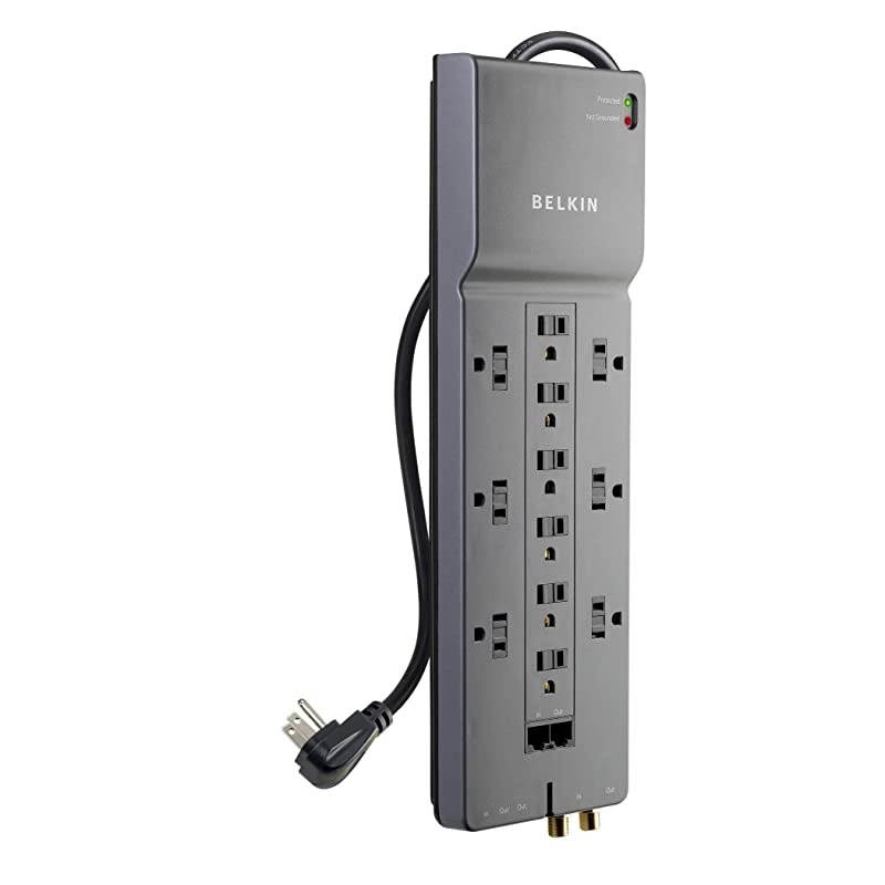 BE112234 10 12 Outlet Power Strip Surge Protector w Flat Plug 10ft Cord Ideal for Computers Home Theater Appliances Office Equipment 4156 Joules Gray