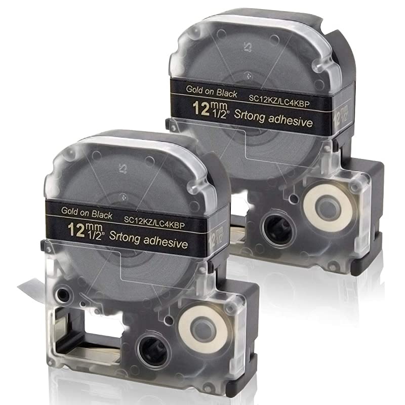 Compatible Label Tape Replacement for LK4BKP LC4BKP LabelWorks LK LC Label Cartridge for Epson LW300 LW400 LW500 LW600P LW700 Label Maker Gold on Black 12 x 262 12mm x 8m 2Pack