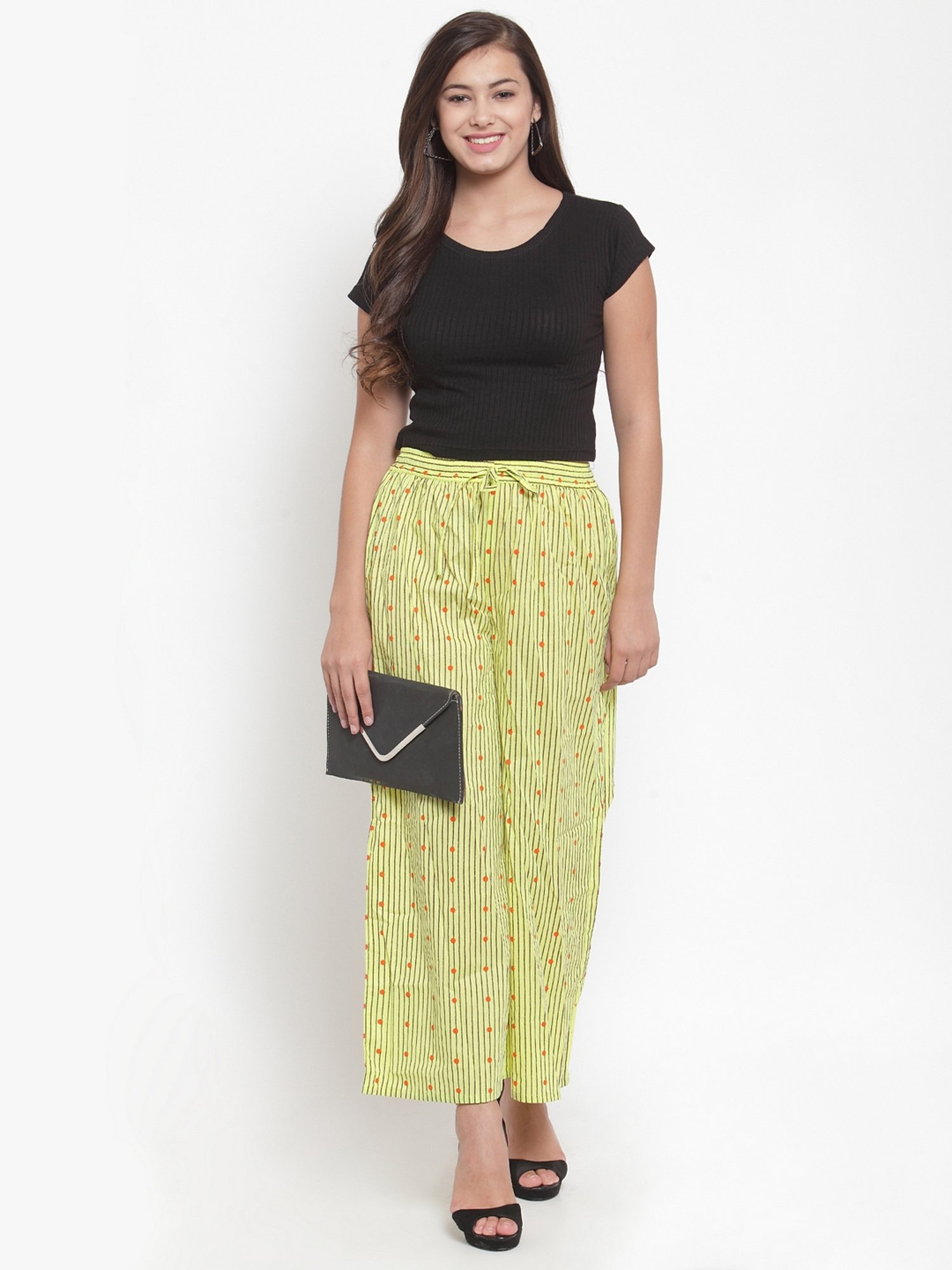 Indibelle Yellow Cotton Striped Palazzos