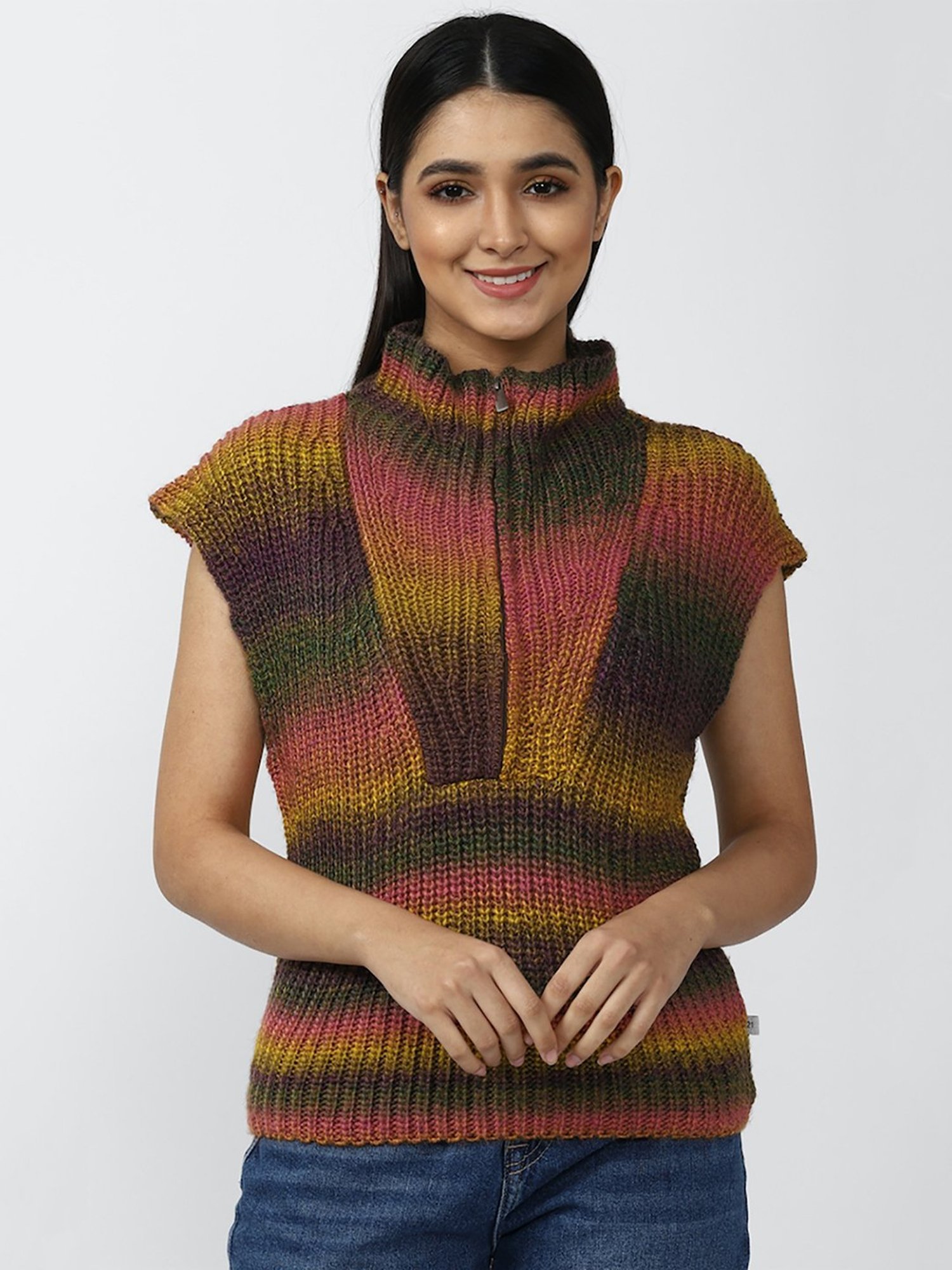 Forever 21 Multicolor Half Sleeves Sweater