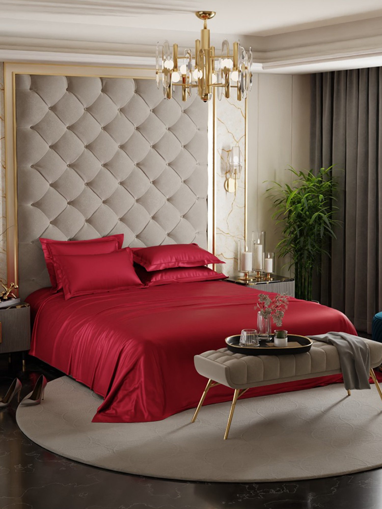 Stoa Paris Date Night Collection 300 TC Red Sateen Super King Bed Sheet with 4 Pillow Covers