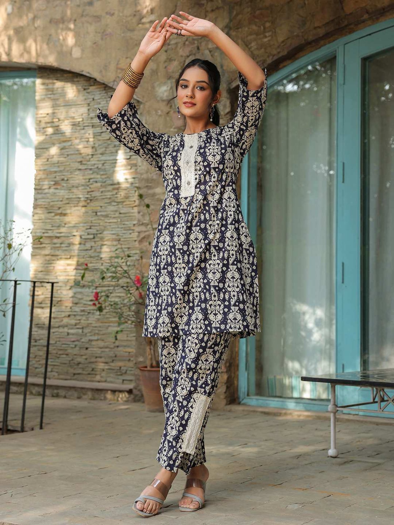 Rain and Rainbow Navy Cotton Printed Kurti & Pant Set