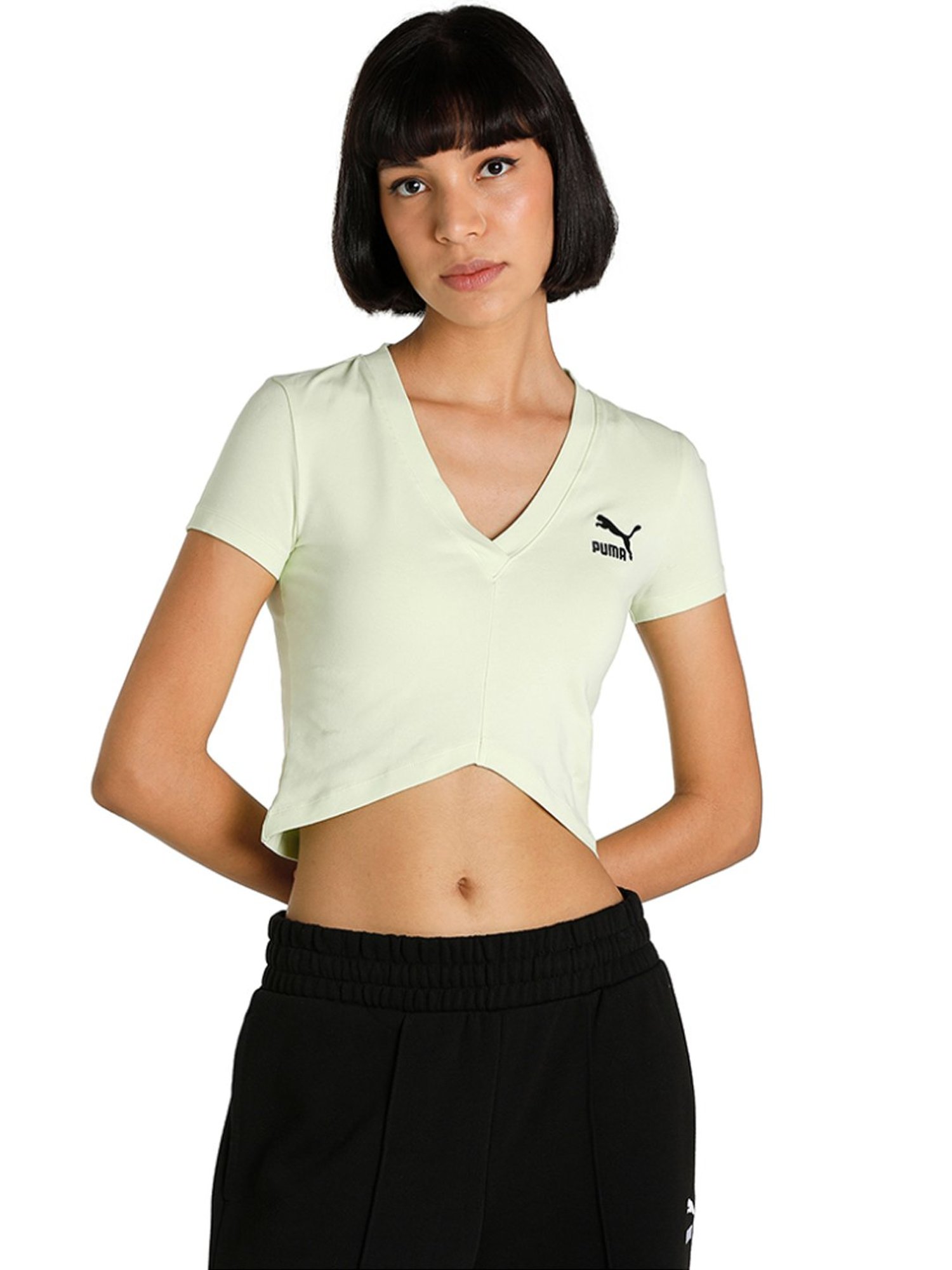 Puma Classics Sage Green Cotton Logo Crop T-Shirt