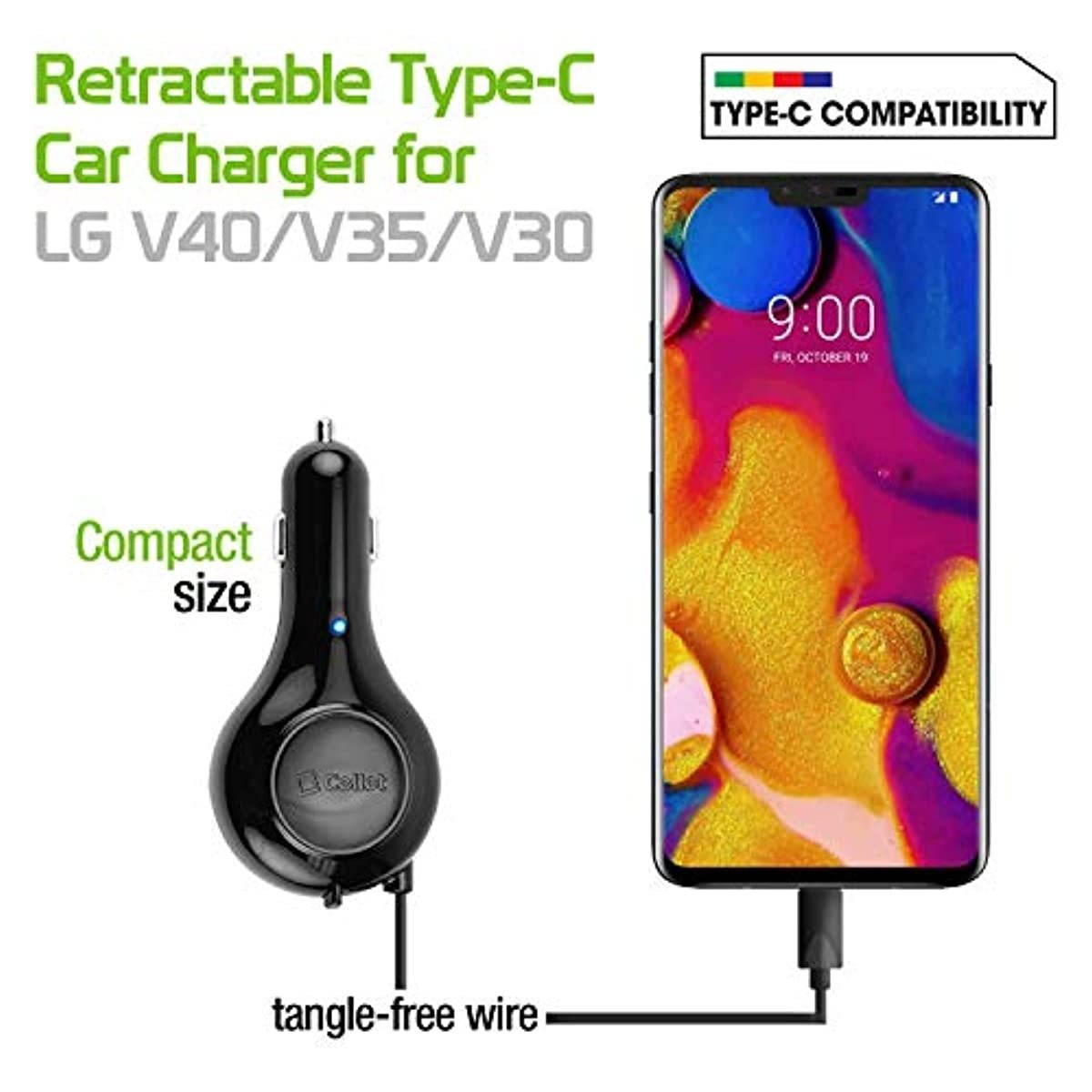 Cellet 3Amp (15 Watt) Fast Charging, USB Type-C Retractable Car Vehicle Charger Compatible for Asus ZenFone V, ZenFone V Live, BlackBerry BlackBerry Keyone Essential, DTEK60, Key2, Motion and More