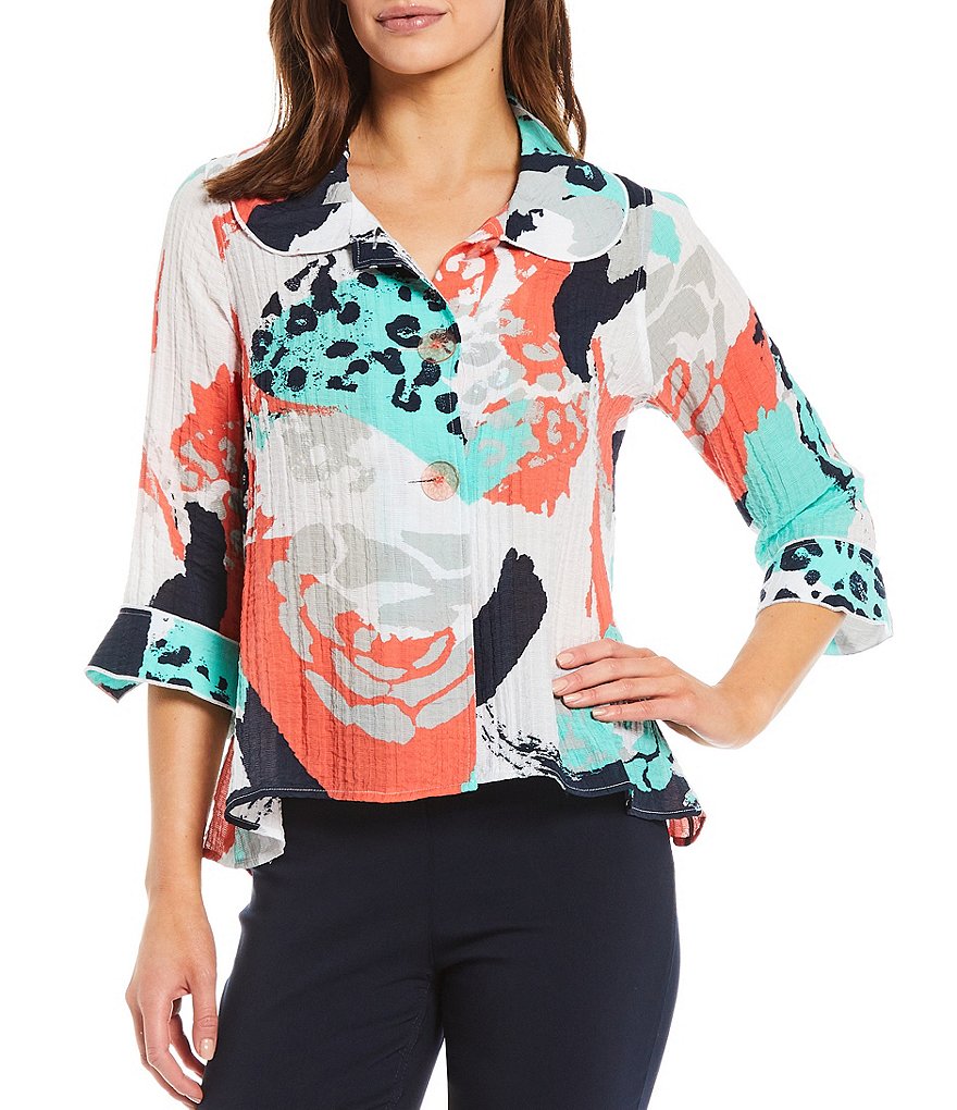 Ali Miles Petite Size Open Mesh Two Button Front 3/4 Sleeve Jacket