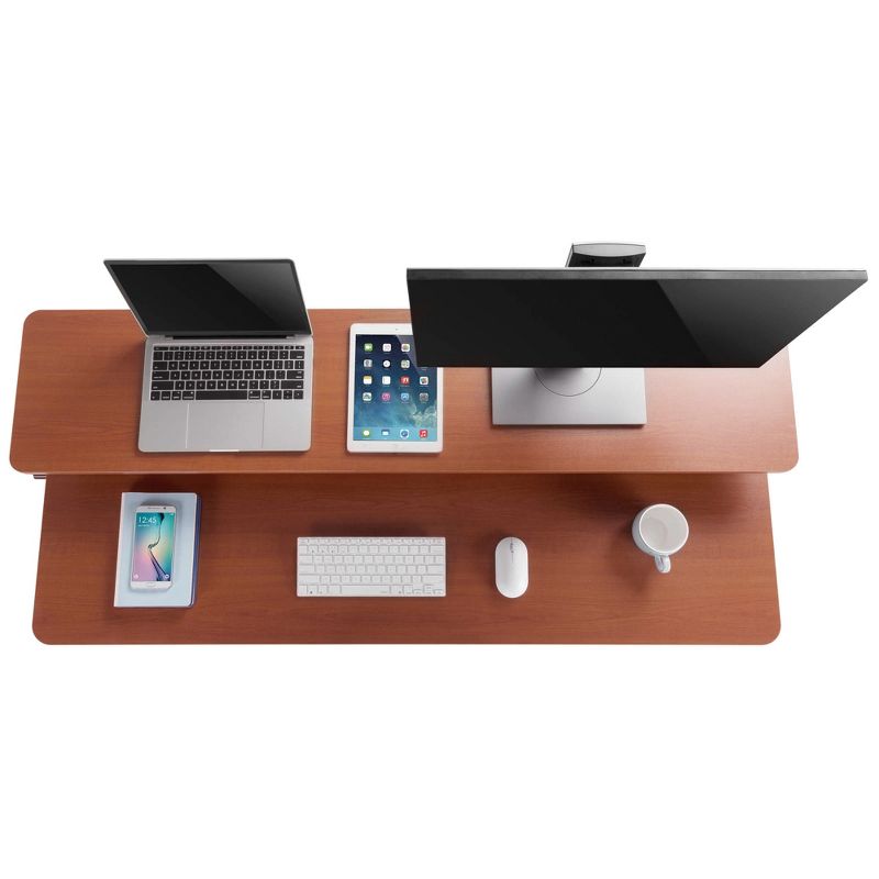 Tranzendesk Standing Desk with Clamp-On Shelf - 55" Sit to Stand Workstation with 55" Monitor Stand - Cherry - Stand Steady