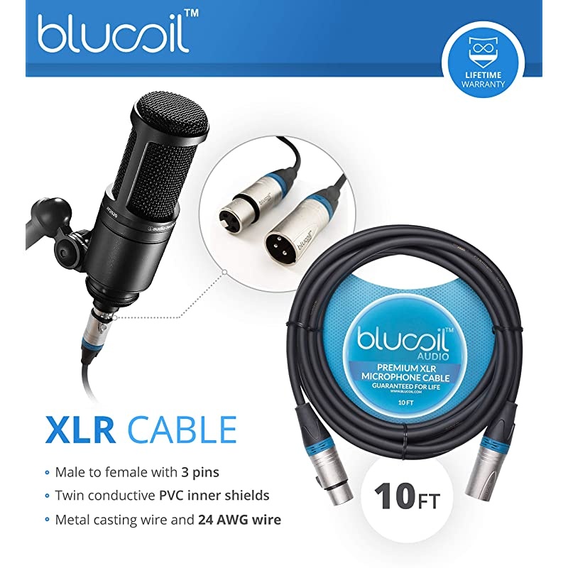 Audio 10-FT Balanced XLR Cable with 24 AWG Copper Wire and PVC Jacket - 3-Pin Male to Female Microphone Cord for Audio Interfaces, Mixers, Preamps, and Recorders