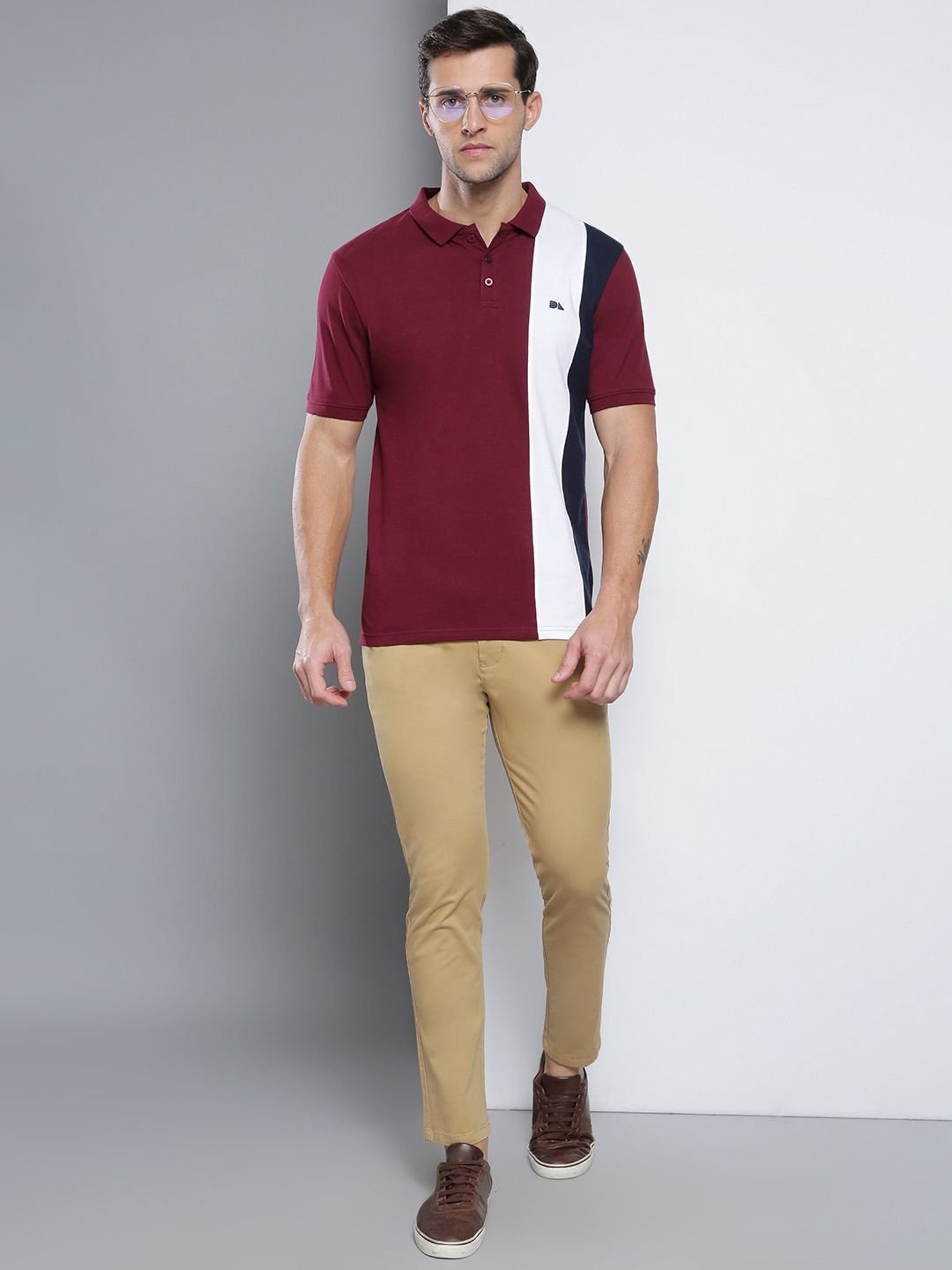 Dennis Lingo Burgundy Cotton Slim Fit Colour Block Polo T-Shirt