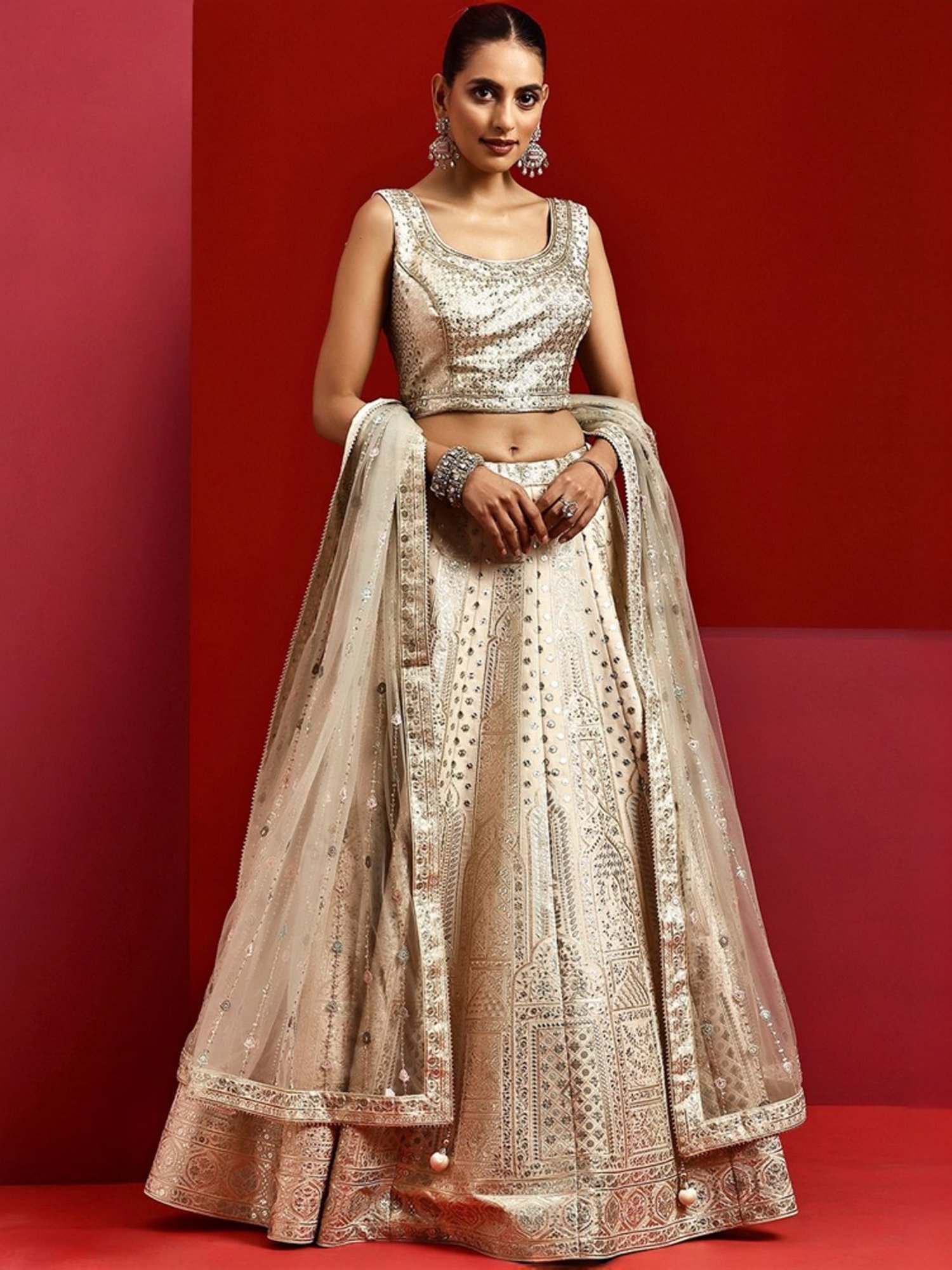 Silk Land Beige & Blue Woven Pattern Semi Stitched Lehenga Choli Set With Duppata