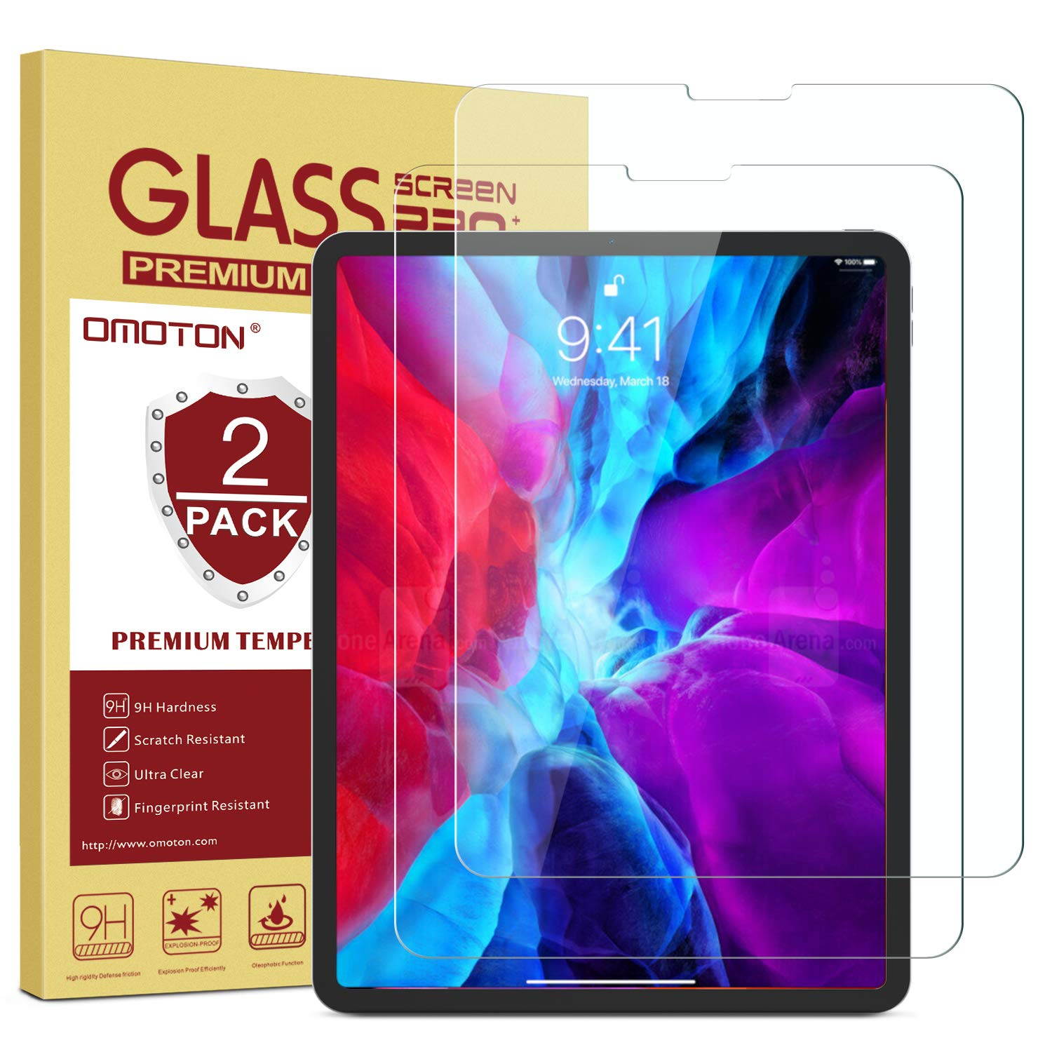 OMOTON [2 Pack] Screen Protector for iPad Pro 12.9 (2020 and 2018 Release) (4th Gen&3rd Gen) [Work with Face ID & Apple Pencil] - Tempered Glass/High Definition / 9 Hardness