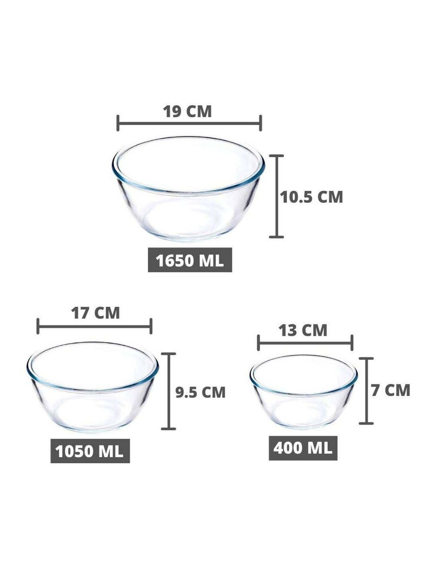 Femora Borosilicate Glass Microwave Safe Mixing Bowls (400 ml, 1050 ml & 1650 ml) - Set of 3
