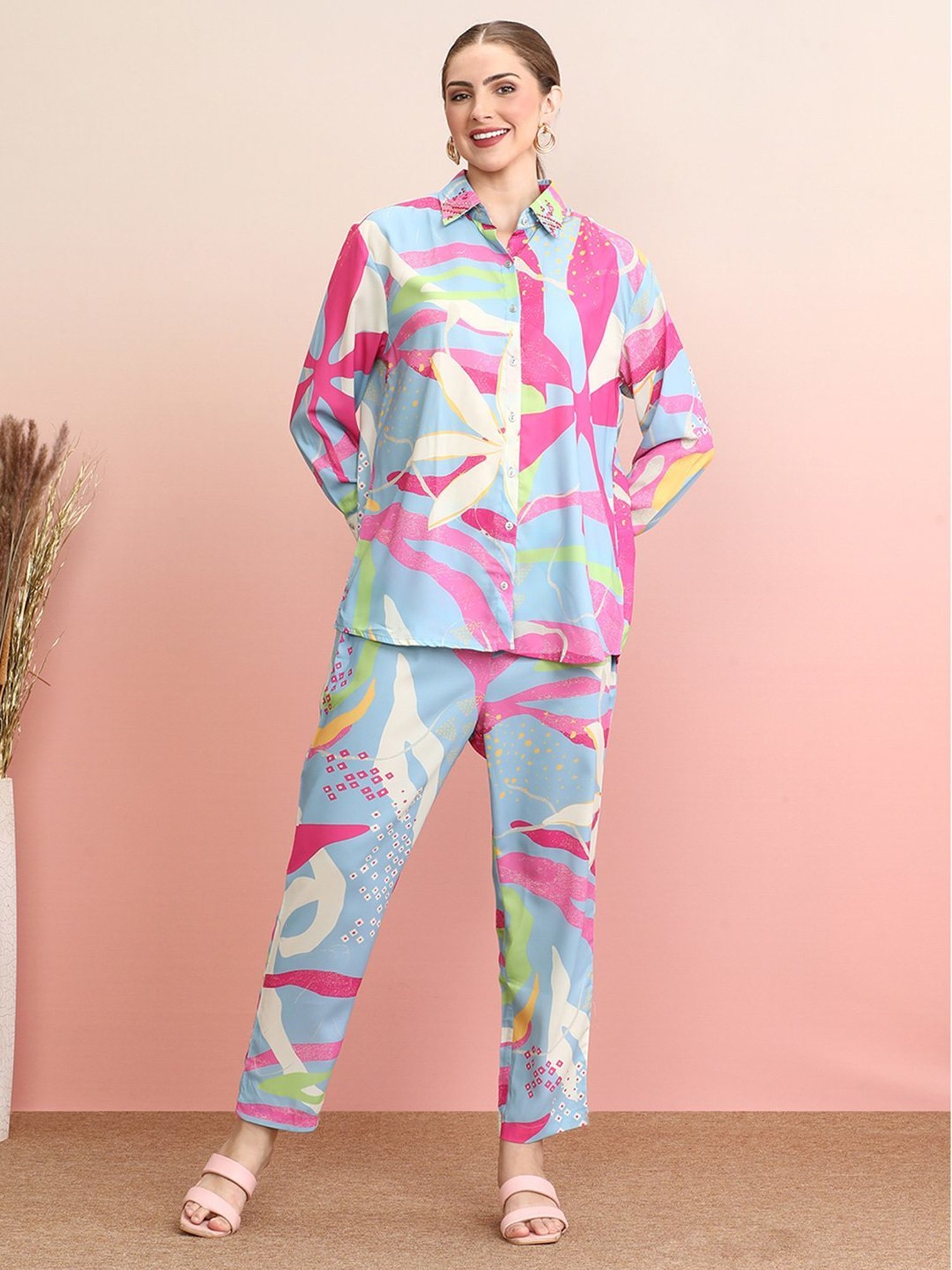 Indo Era Blue Printed Shirt Pant Set