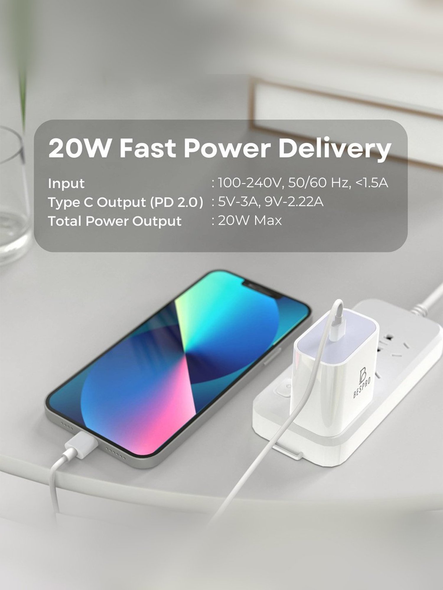 Bespro 20 W 1.67 A Mobile 20W USB Type C PD Fast Charging Wall Adapter - White