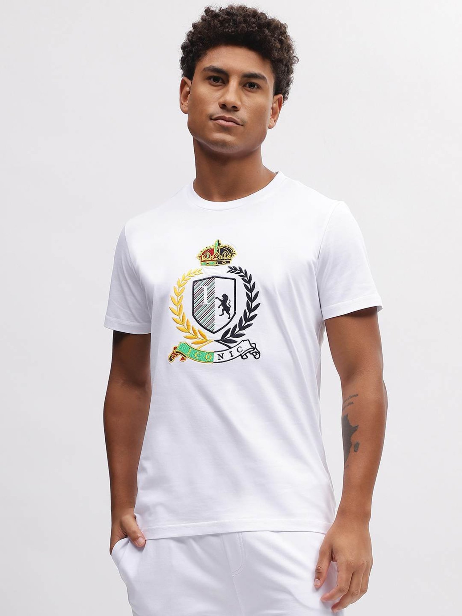Iconic White Cotton Regular Fit Embroidered T-Shirt