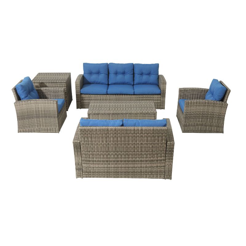 6pc Wicker Rattan Patio Sofa Set with Blue Cushions - Accent Furniture