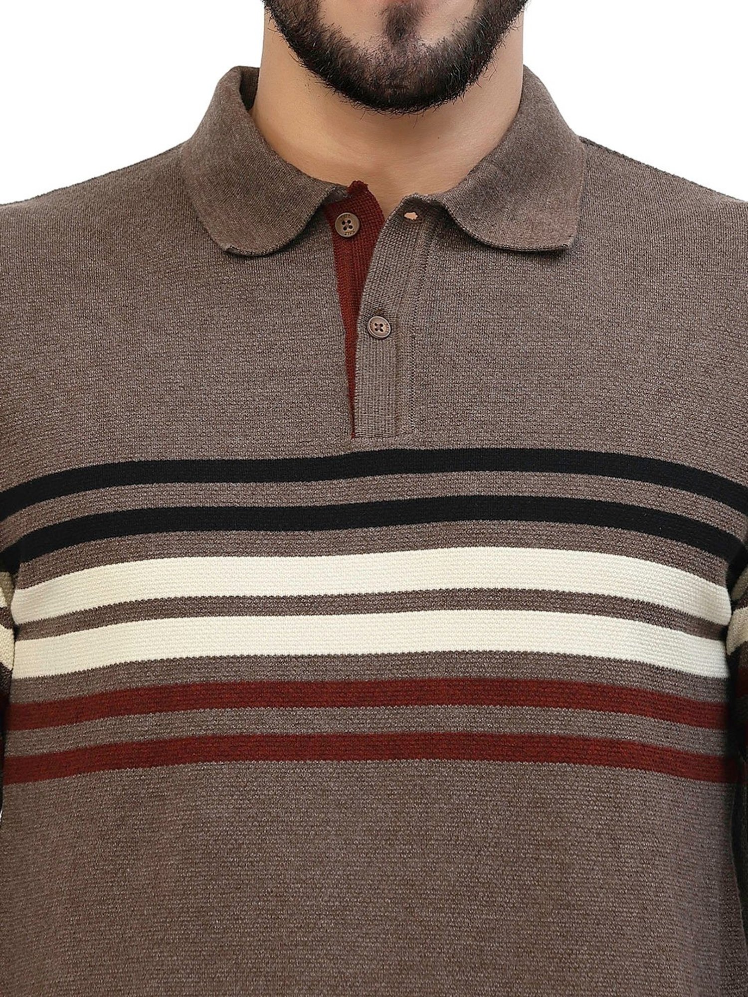 Kalt Brown Regular Fit Striped Polo T-Shirt