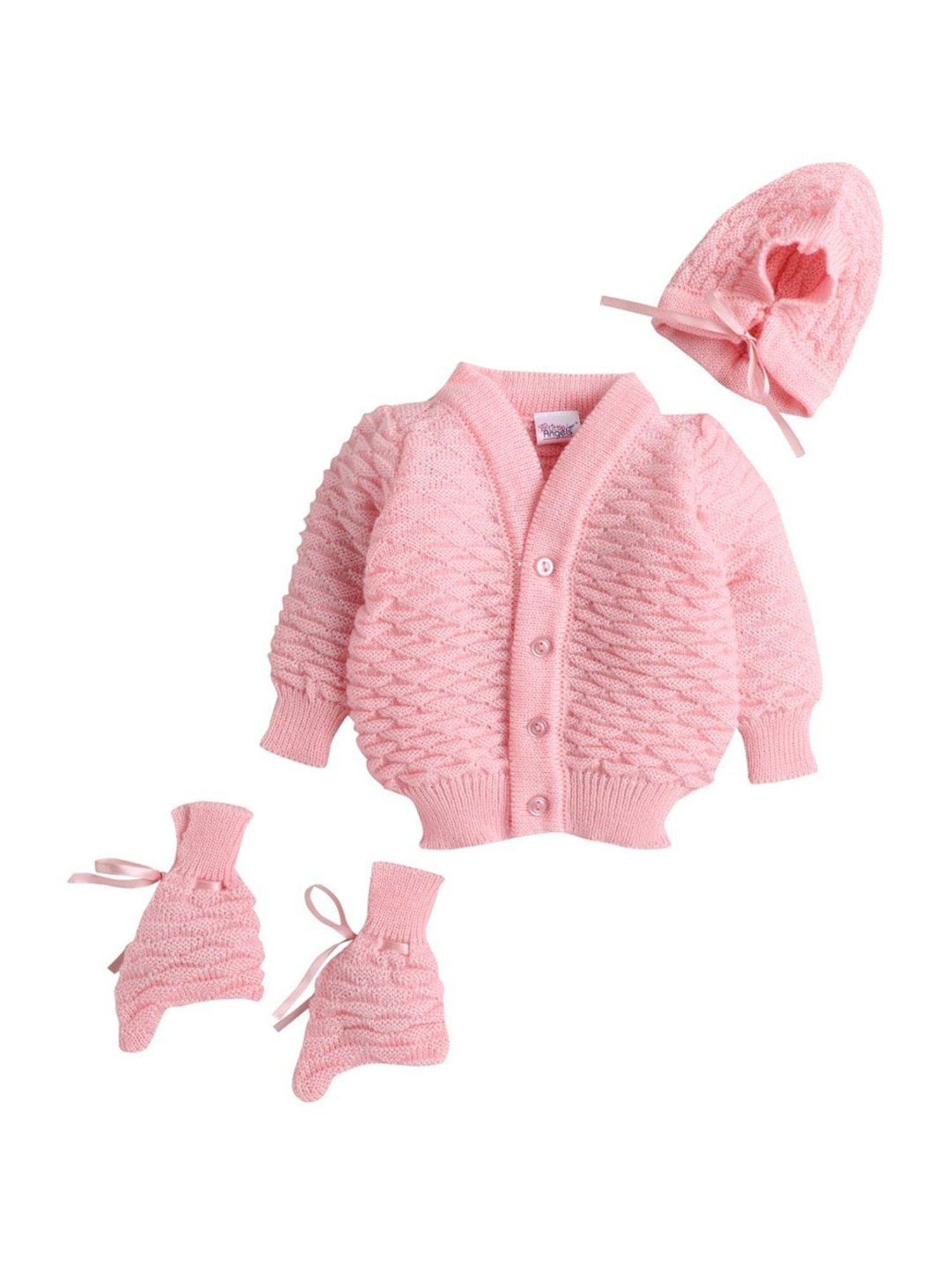 Little Angels Kids Pink Textured Pattern Full Sleeves Sweater Set
