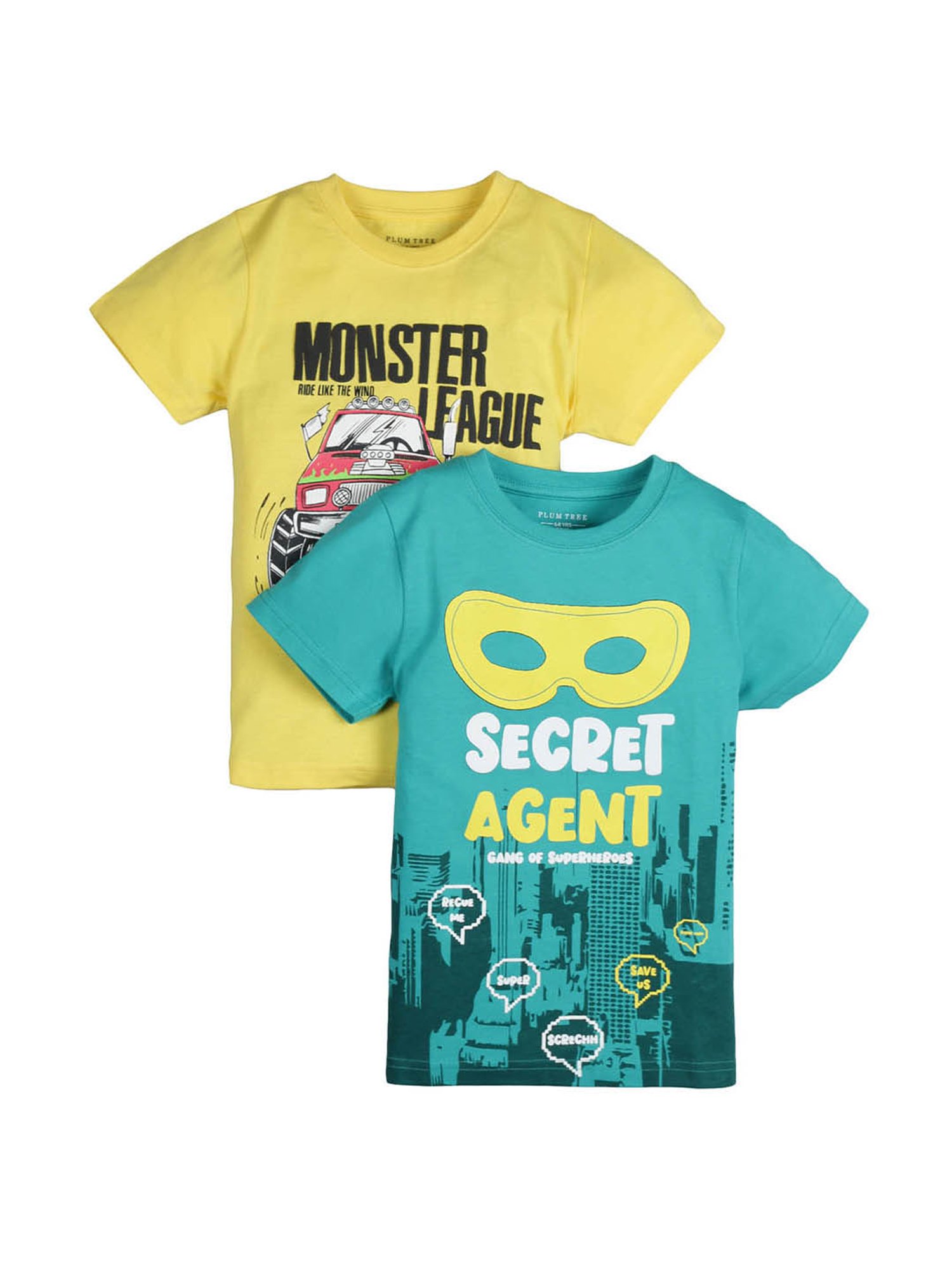 Plum Tree Kids Yellow & Blue Printed T-Shirt (Pack Of 2)