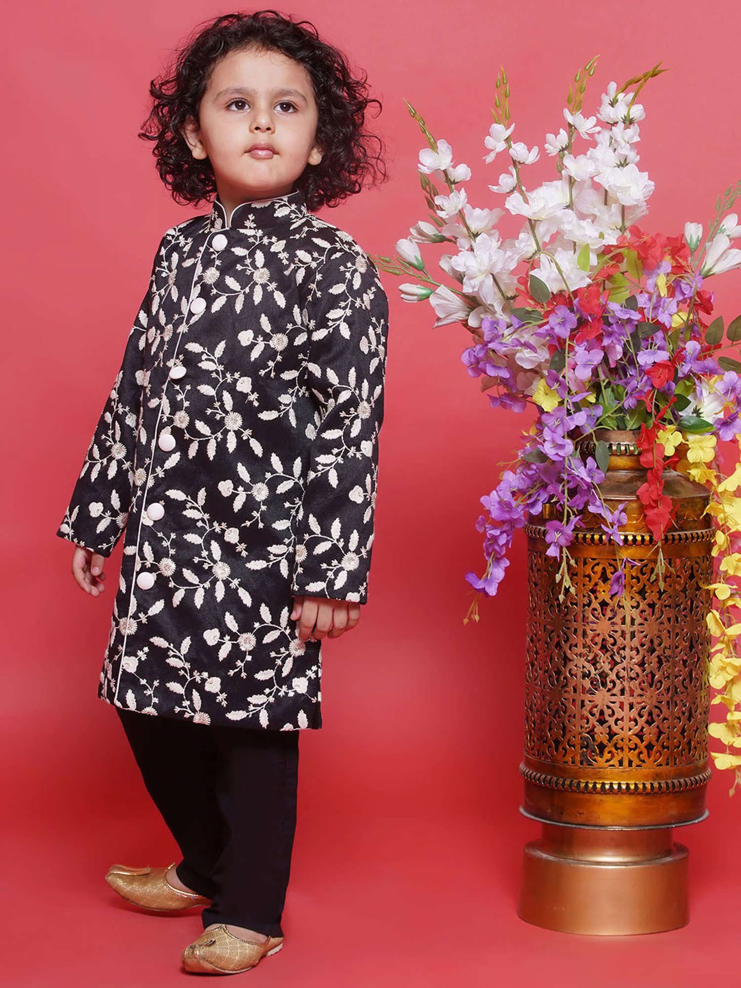 Little Bansi Boys Black Embroidered Full Sleeves Sherwani with Pyjamas
