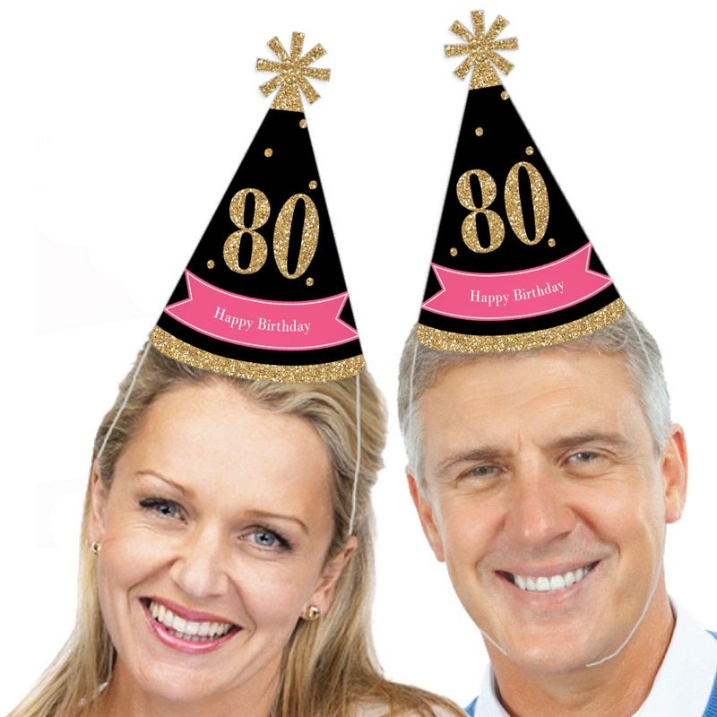 Big Dot of Happiness Chic 80th Birthday - Pink, Black and Gold - Cone Happy Birthday Party Hats for Kids and Adults - Set of 8 (Standard Size)