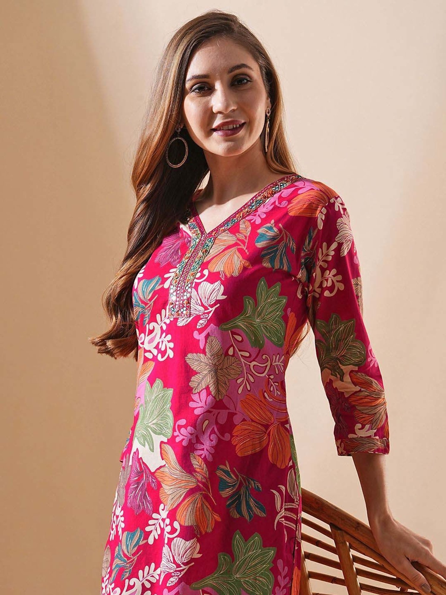 Fashor Pink Cotton Printed Straight Kurta