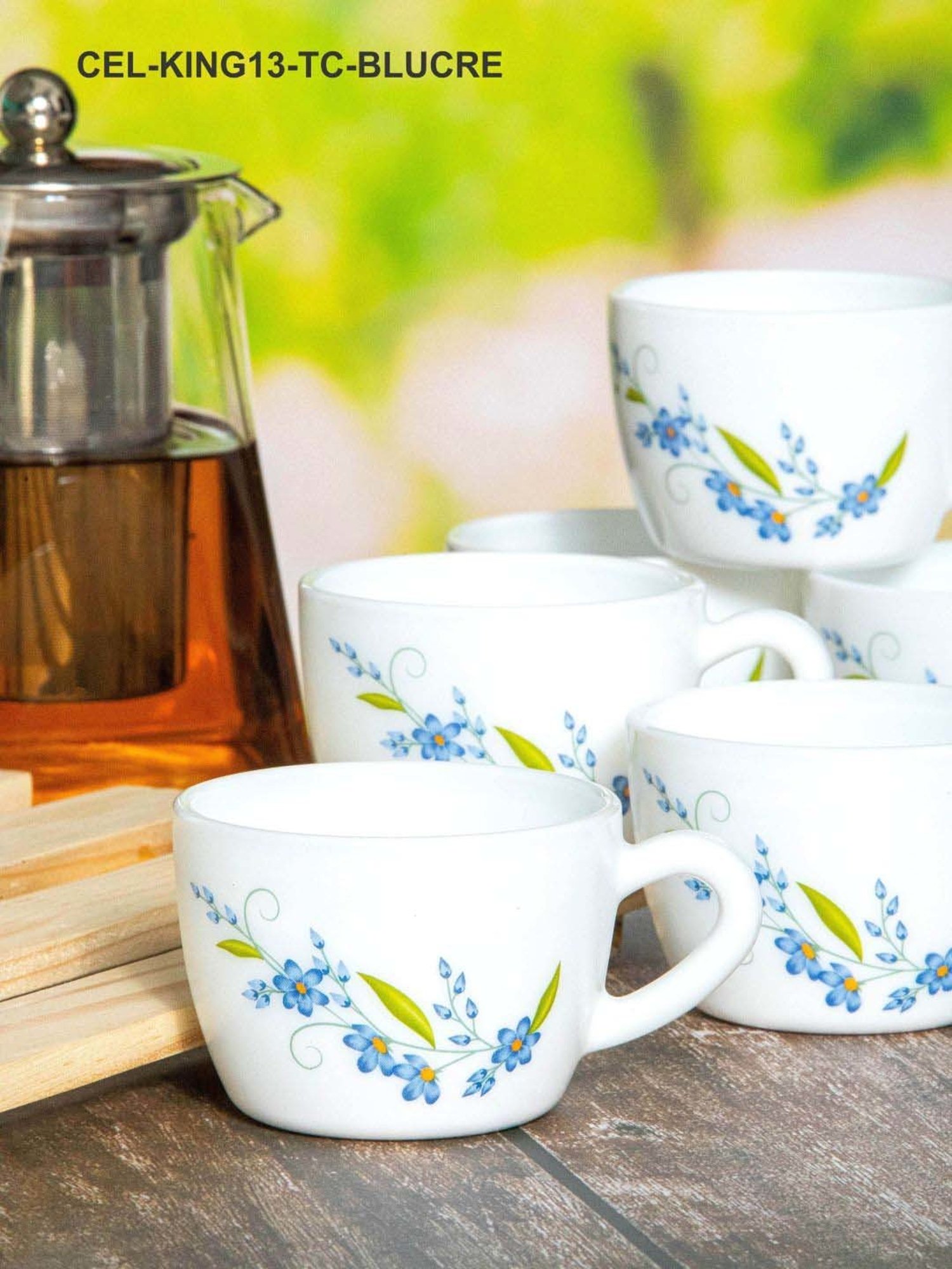 Cello White & Blue Glass Coffee Mug (0.13 L) - Set of 6