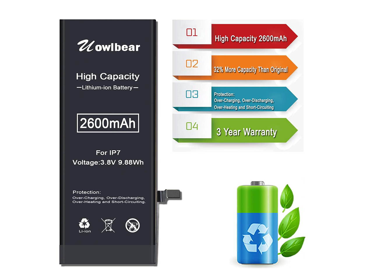 Battery for iPhone 7, uowlbear 2600mAh Replacement Battery for A1660 A1778 A1779 with Complete Replacement Kits and 2 Set Adhesive Strips -0 Cycle High Capacity Extra 640mAh Power