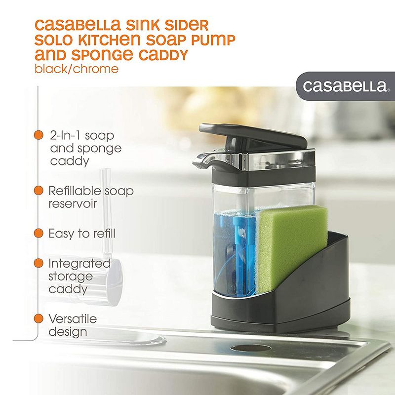 Casabella 8550033 Hand Pump Sink Sider Solo with Sponge and Chrome Plating for Daily Handwashing in the Kitchen, Bathroom, or Laundry Room, Black
