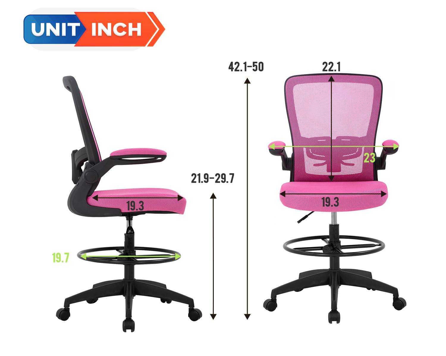 Drafting Chair Tall Office Chair Adjustable Height with Lumbar Support Arms Footrest Mid Back Standing Desk Chair Swivel Rolling Mesh Computer Chair Standing Desk Drafting Stool